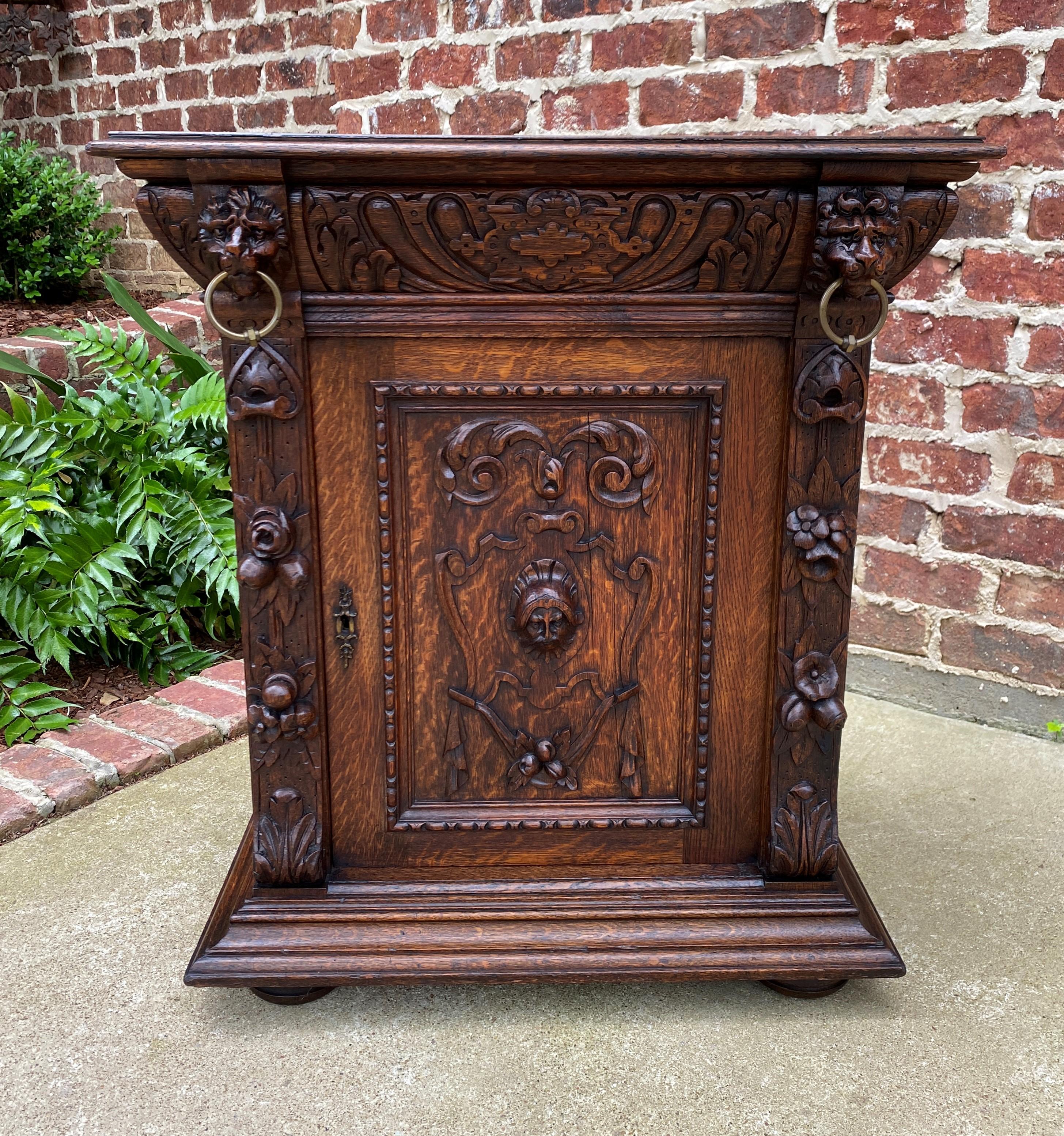 Antique French Nightstand End Table Cabinet Carved Oak Lions Renaissance 19th C 3