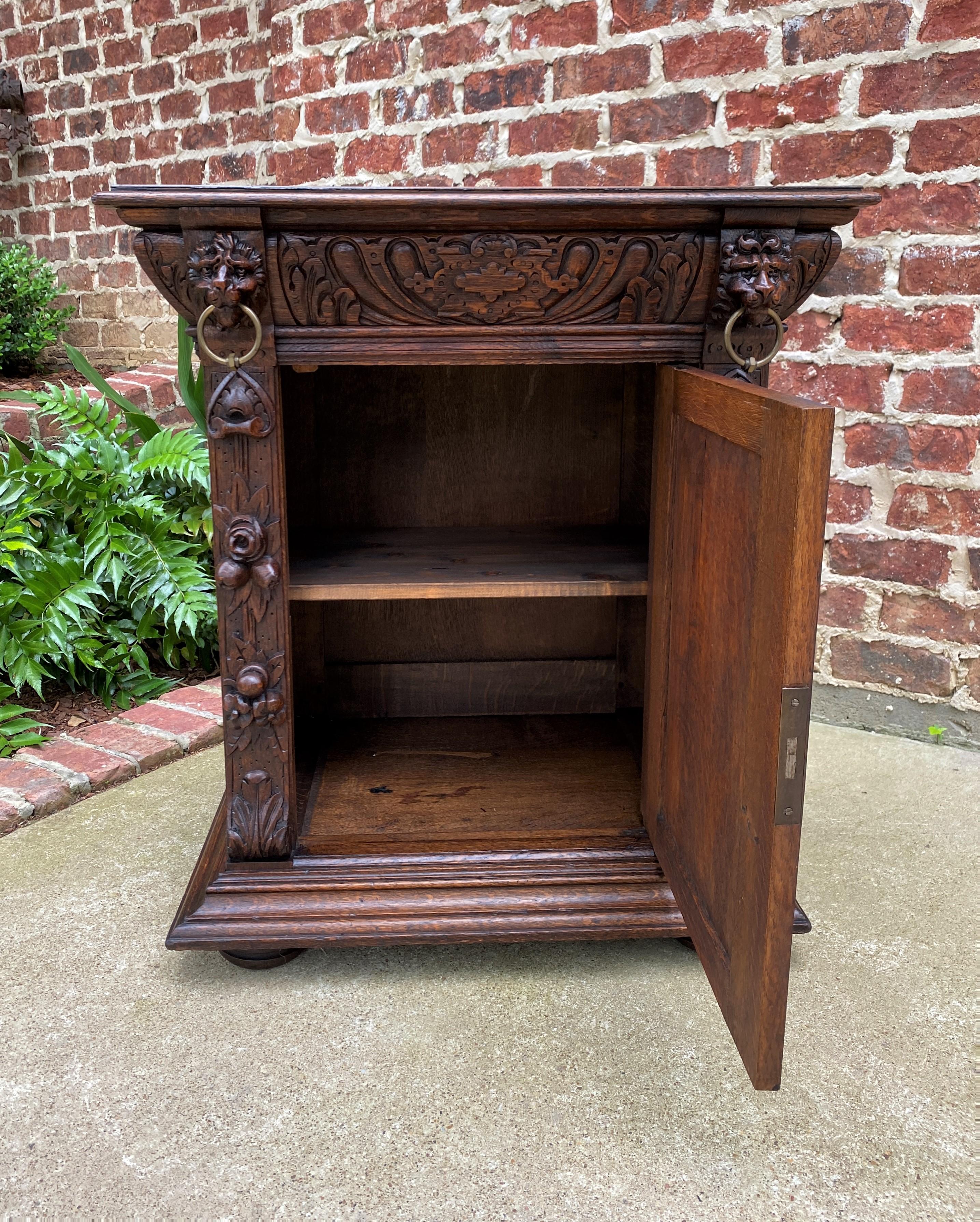 Antique French Nightstand End Table Cabinet Carved Oak Lions Renaissance 19th C 4