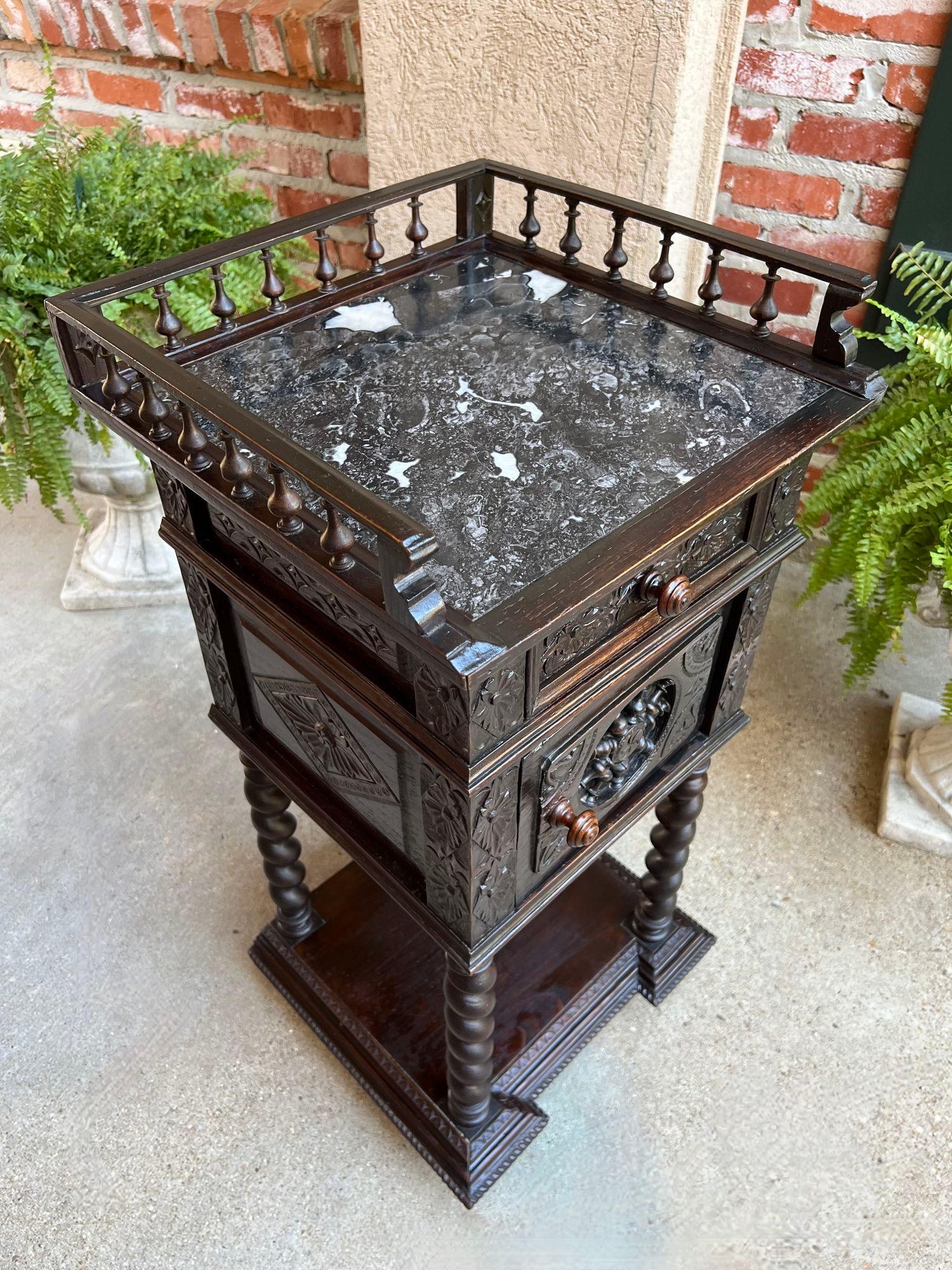 19th Century Antique French Nightstand Table Cabinet Brittany Breton Marble Barley Twist