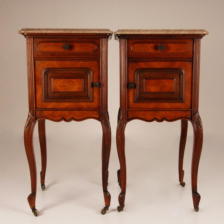 Antique French Nightstands Marble Top Bedside Table Walnut For Sale at