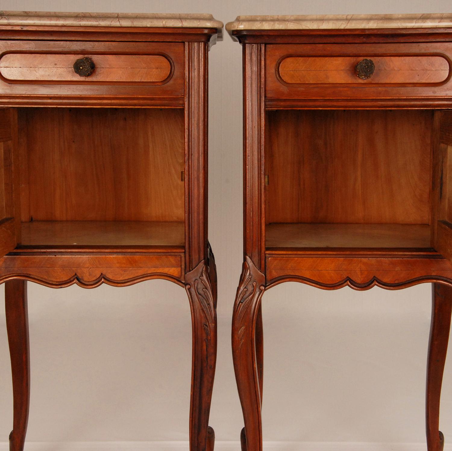 Antique French Nightstands Marble Top Bedside Table Walnut For Sale at