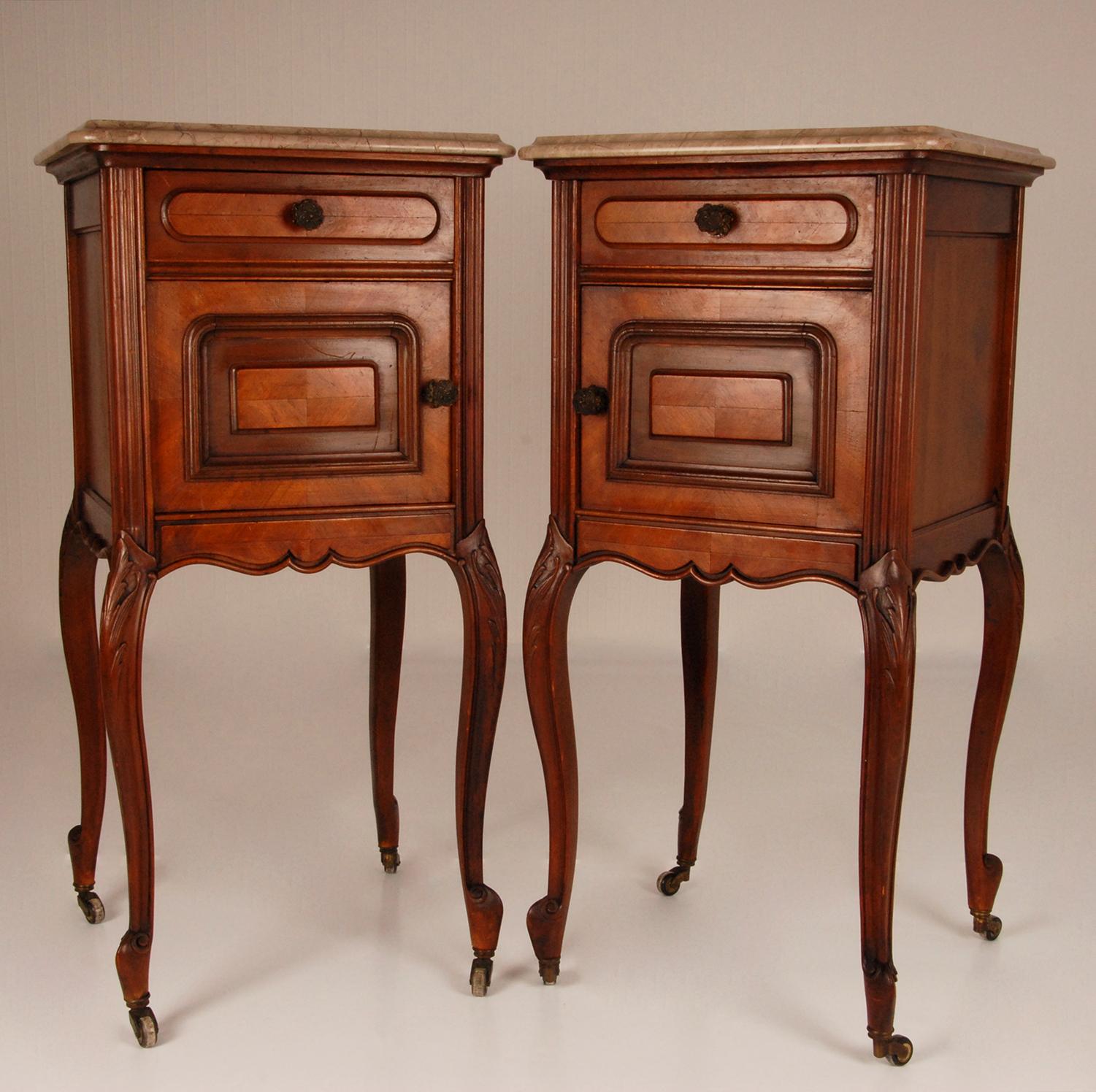 Antique French Nightstands Marble Top Bedside Table Walnut For Sale at