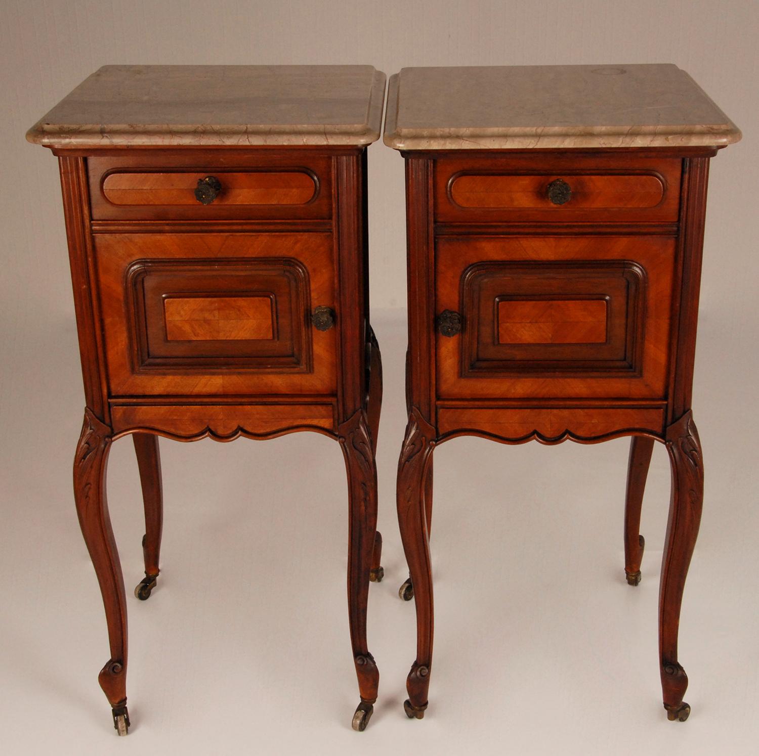 Antique French Nightstands Marble Top Bedside Table Walnut For Sale at