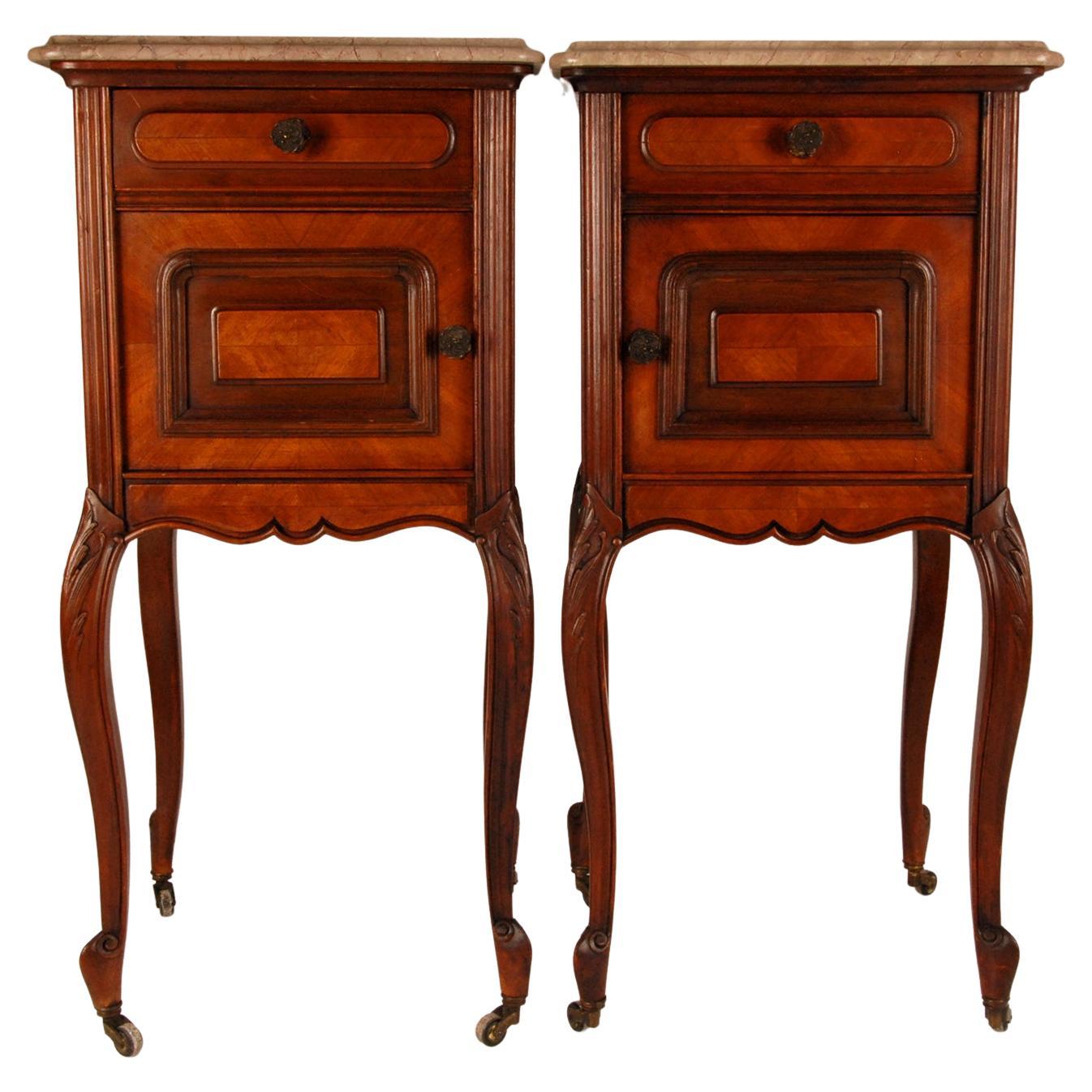 Antique French Nightstands Marble Top Bedside Table Walnut