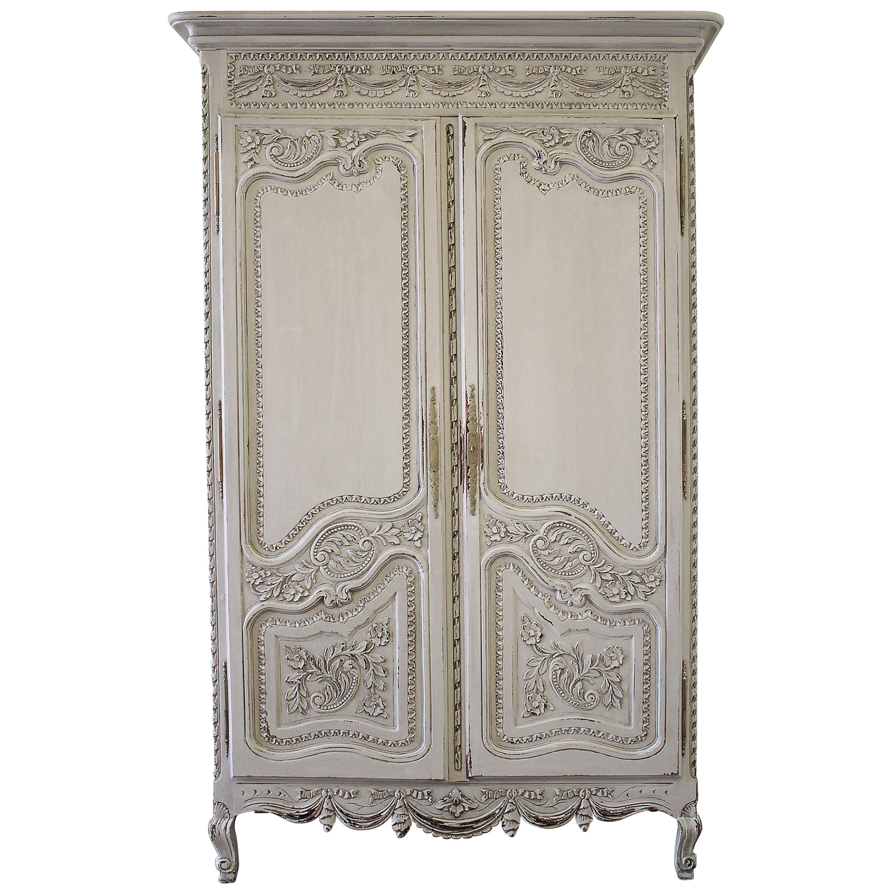 Antique French Normandy Painted Wood Armoire Cabinet