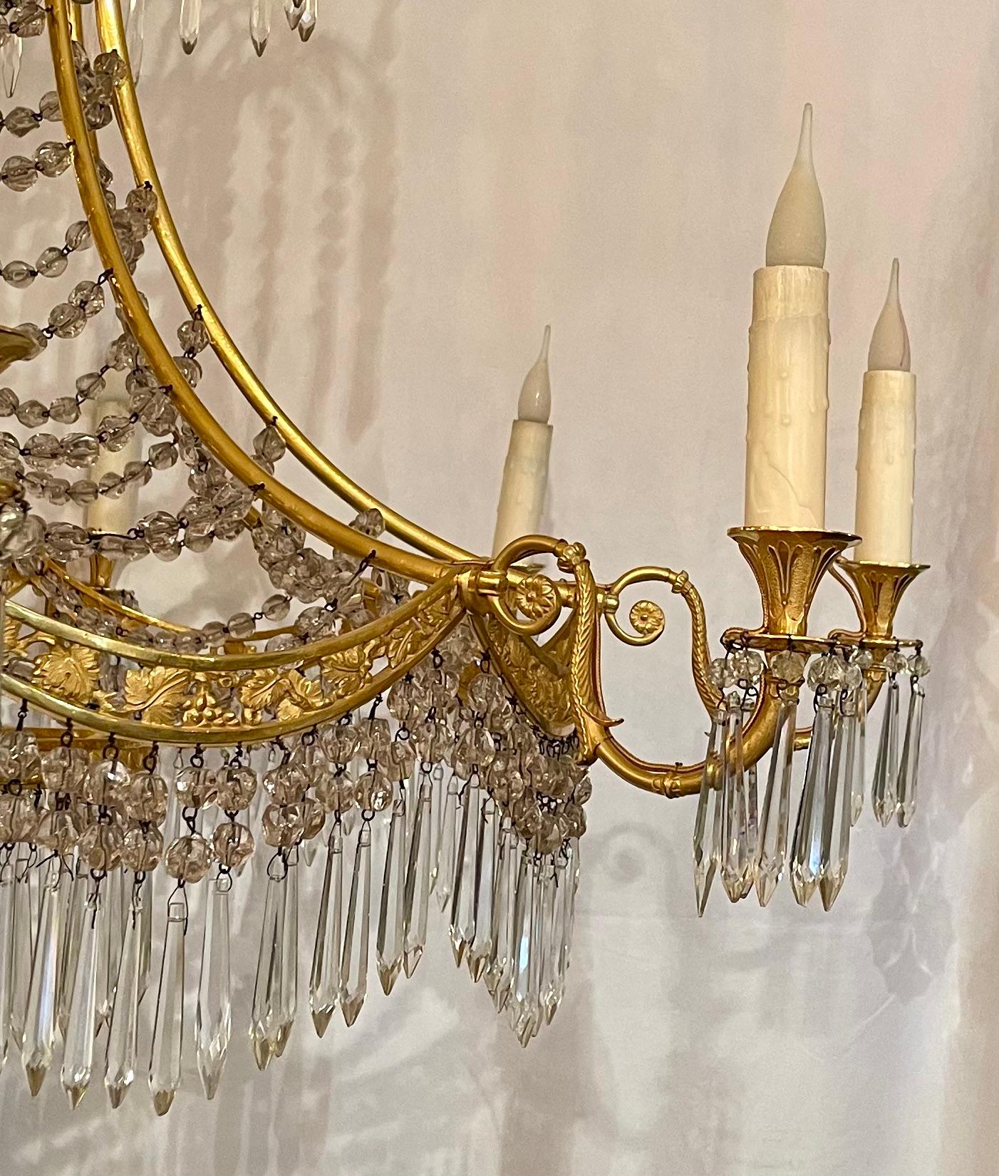 Antique French Northern European Empire Style Gold Bronze and Crystal Chandelier For Sale 1