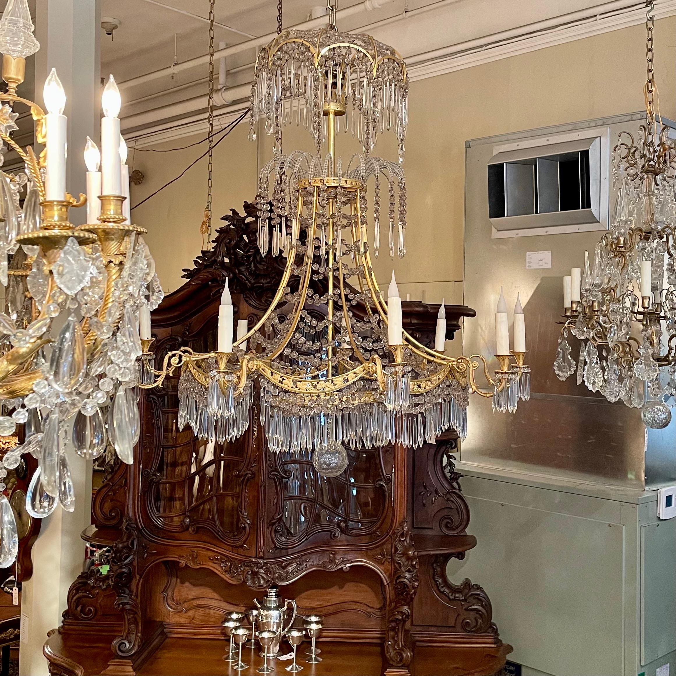 Antique French Northern European Empire Style Gold Bronze and Crystal Chandelier For Sale 3