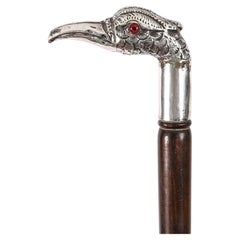 Antique French Novelty Pheasant Silver Walking Stick Cane 19th Century