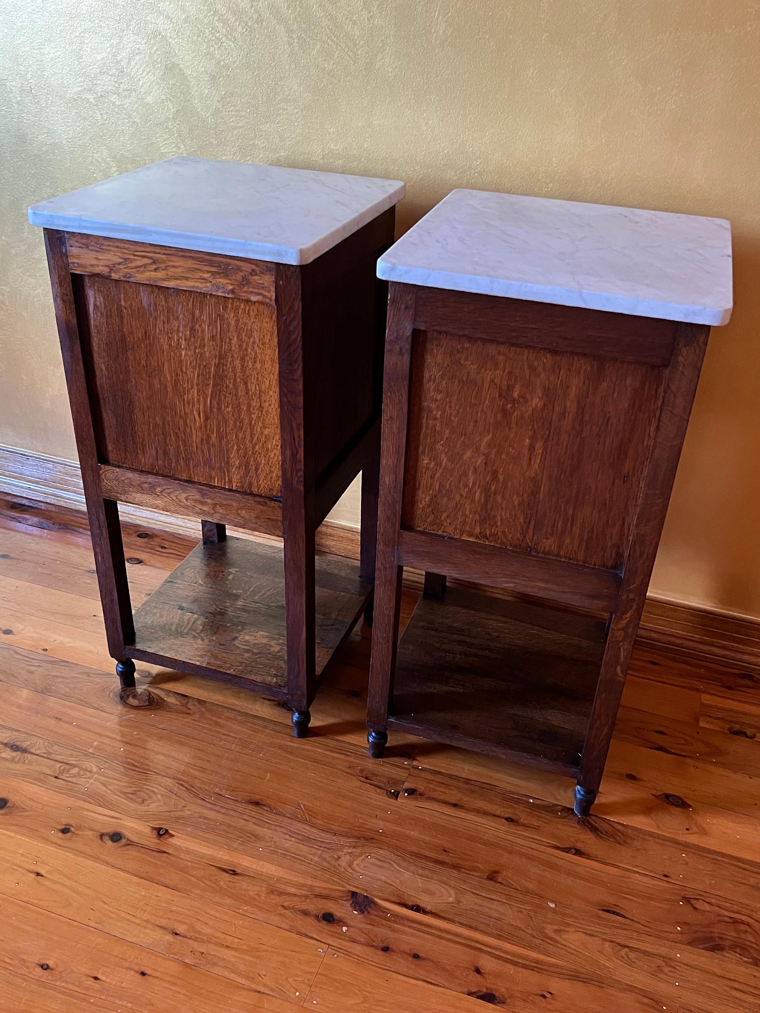 Antique French Oak 1910 Marble Top Bedside Tables Pair 4