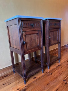 Antique French Oak 1910 Marble Top Bedside Tables Pair