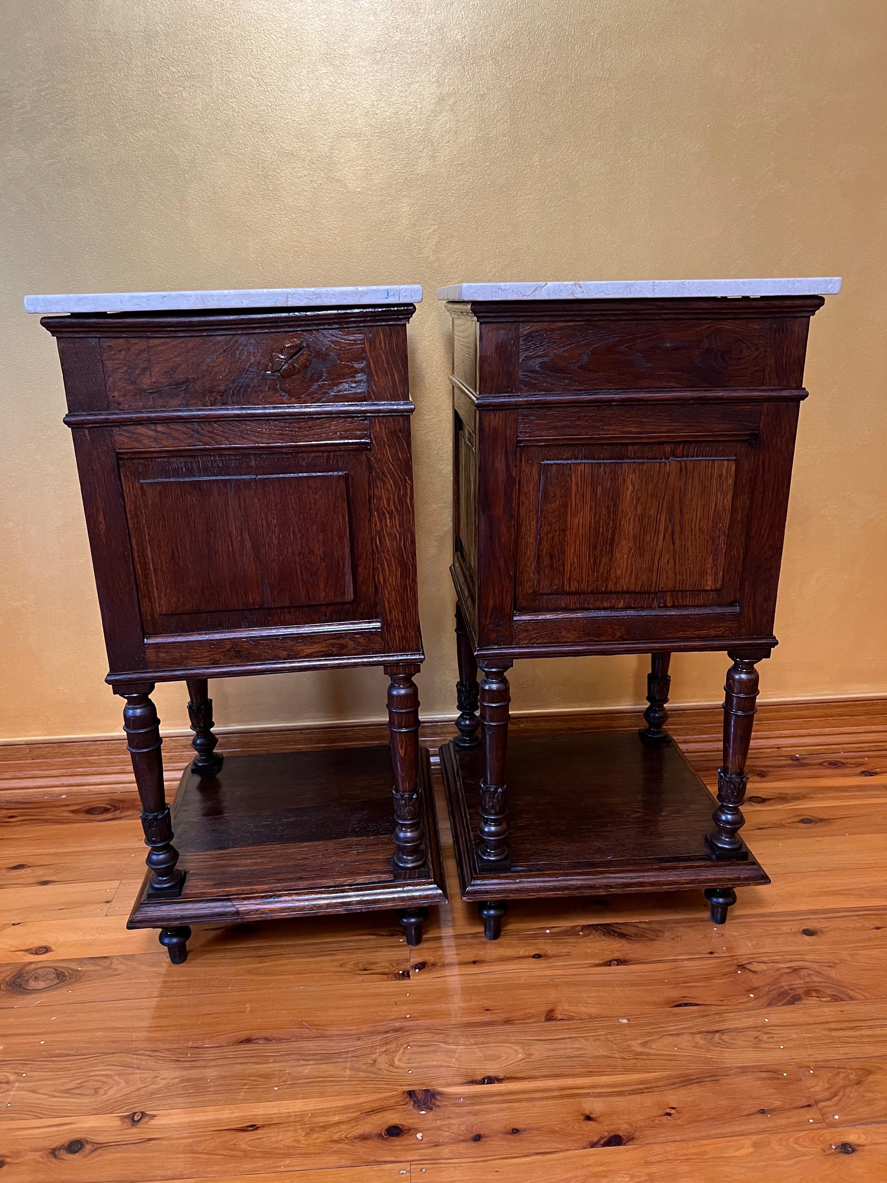 Antique French Oak 19th Century Marble Top Bedside Tables For Sale 8