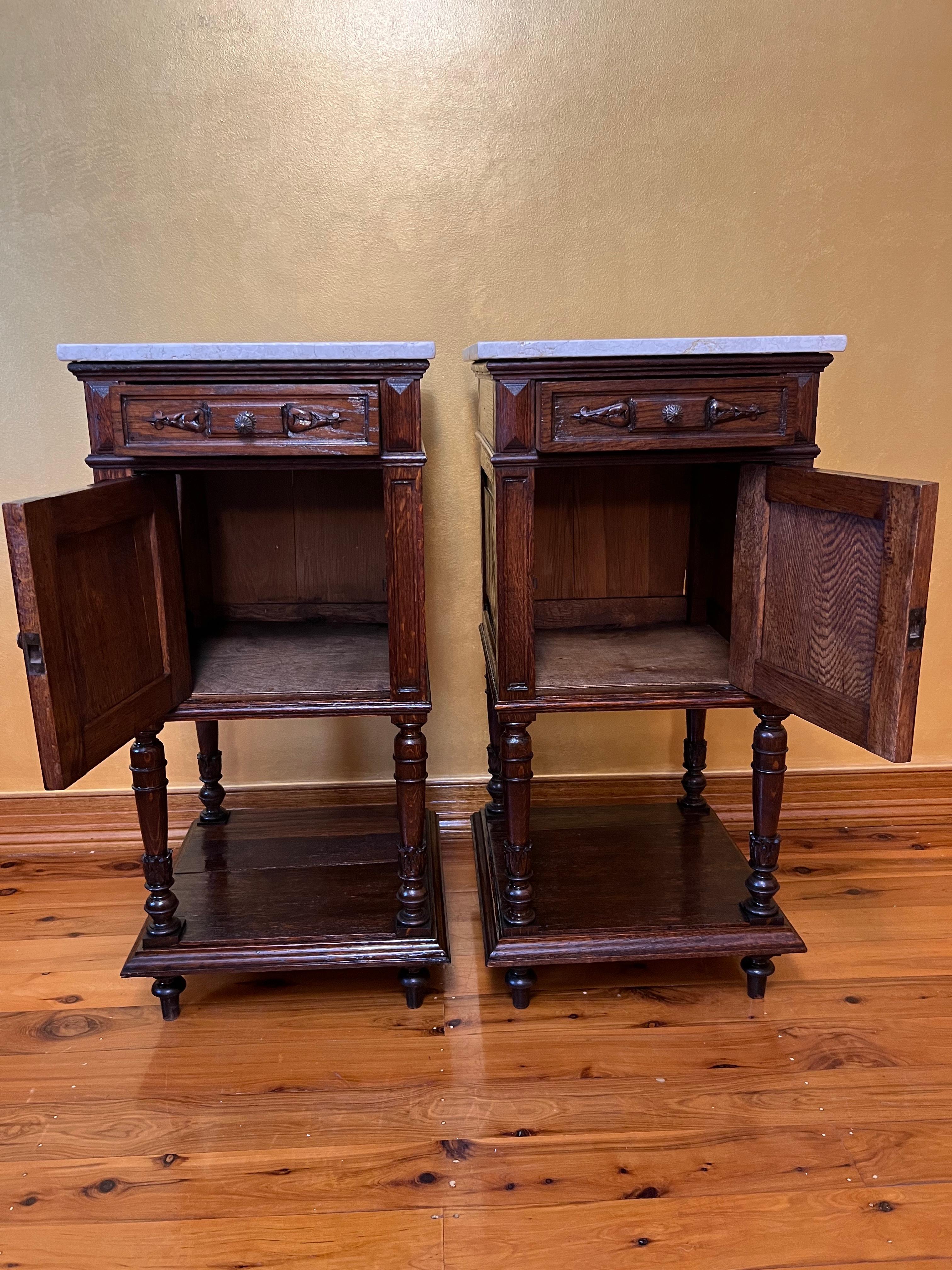 Antique French Oak 19th Century Marble Top Bedside Tables For Sale 2
