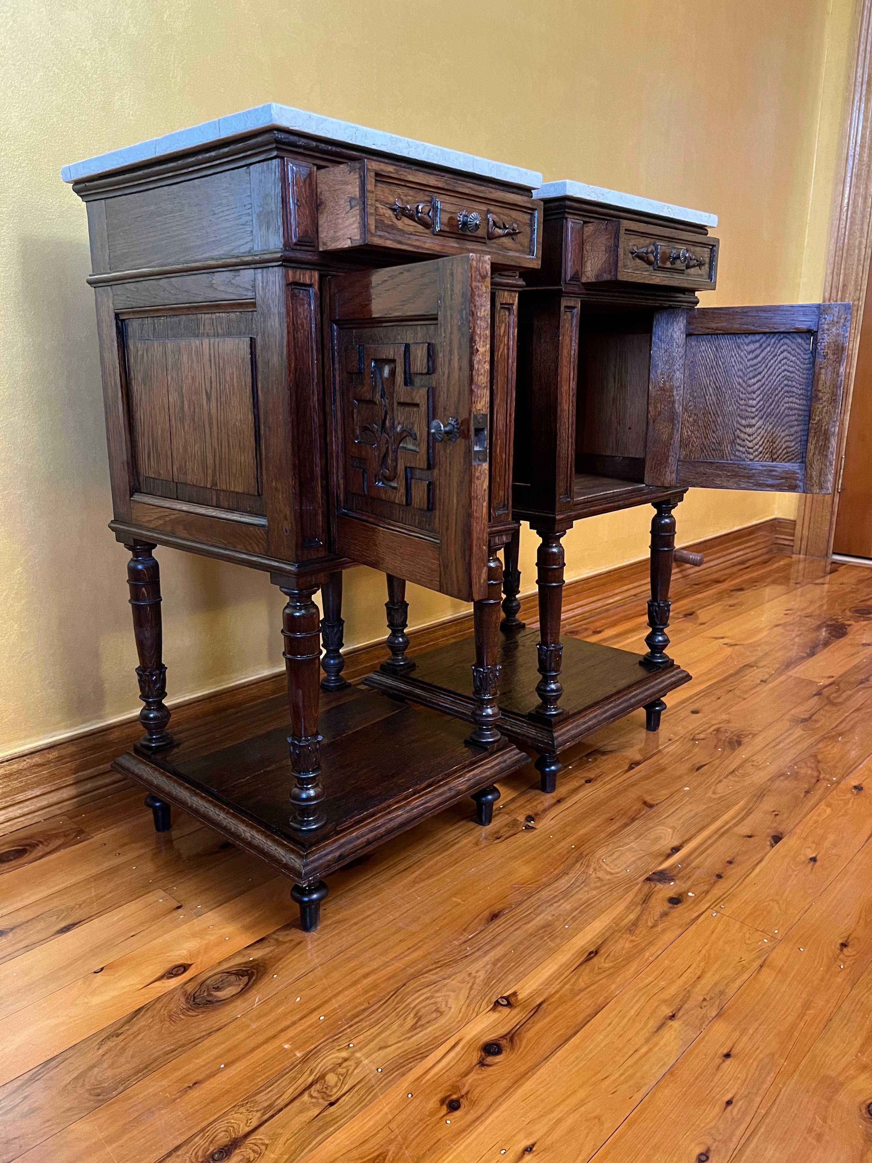 Antique French Oak 19th Century Marble Top Bedside Tables For Sale 3
