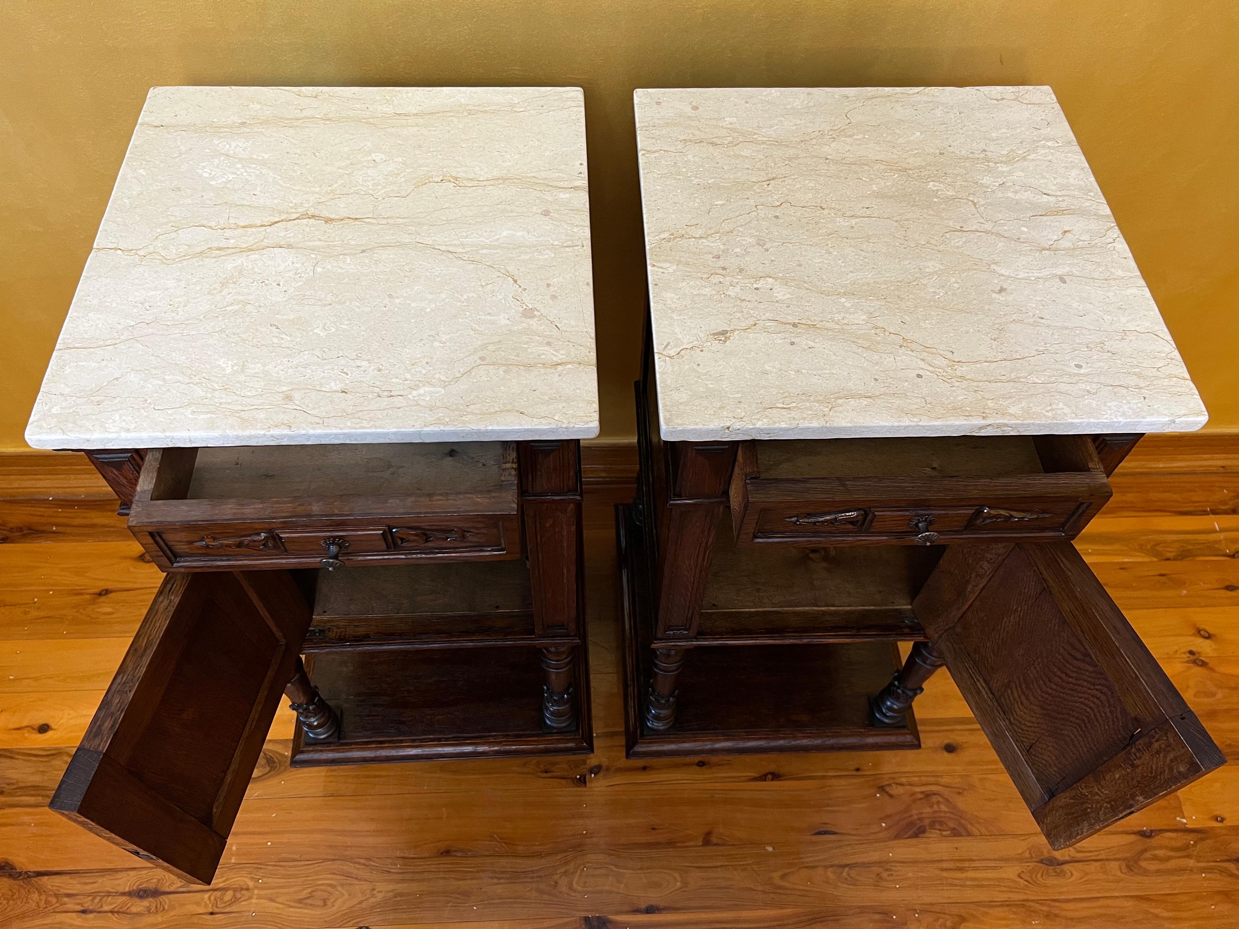 Antique French Oak 19th Century Marble Top Bedside Tables For Sale 4