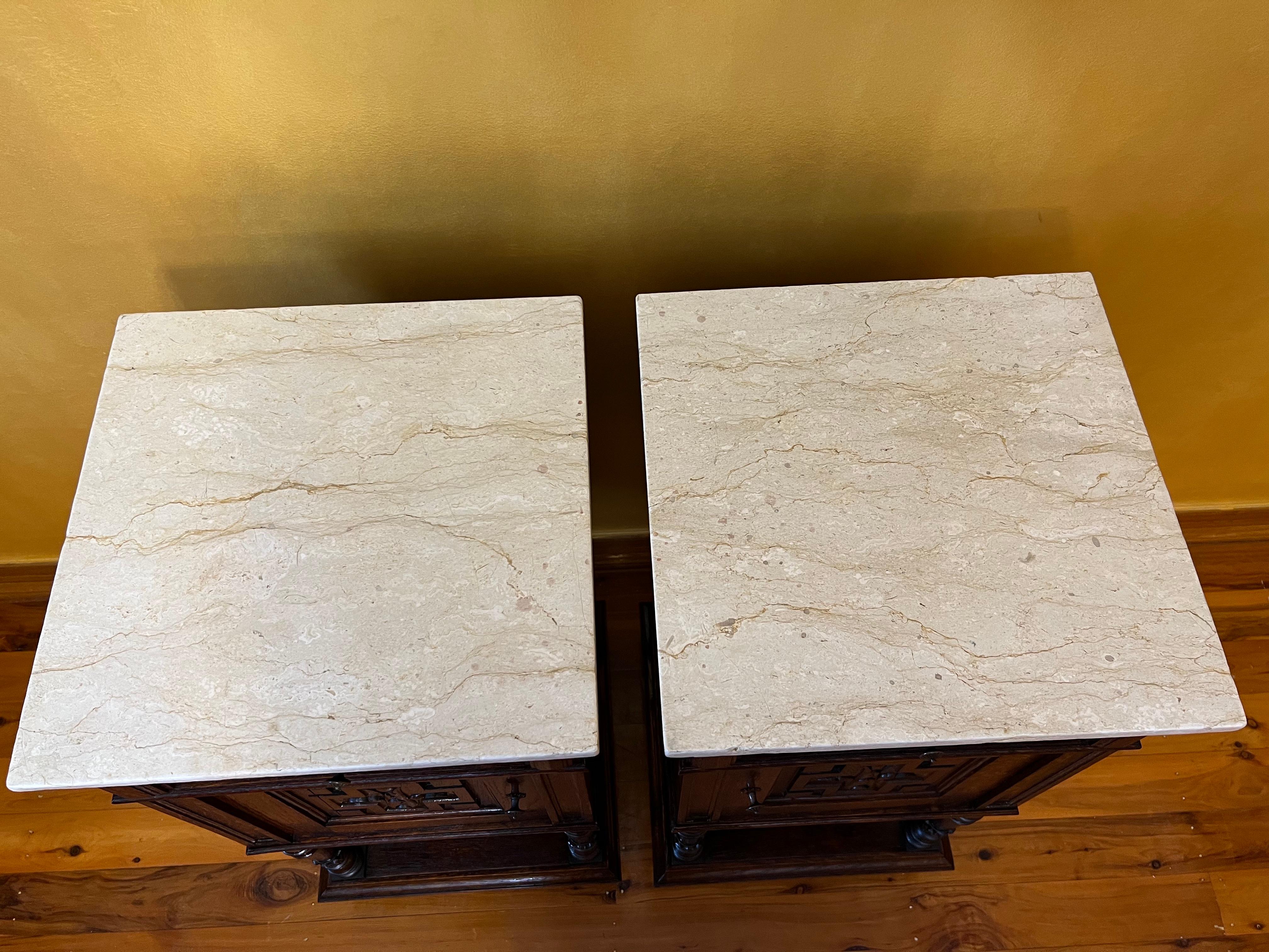 Antique French Oak 19th Century Marble Top Bedside Tables For Sale 5