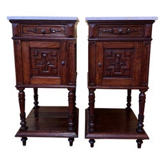 Antique French Oak 19th Century Marble Top Bedside Tables