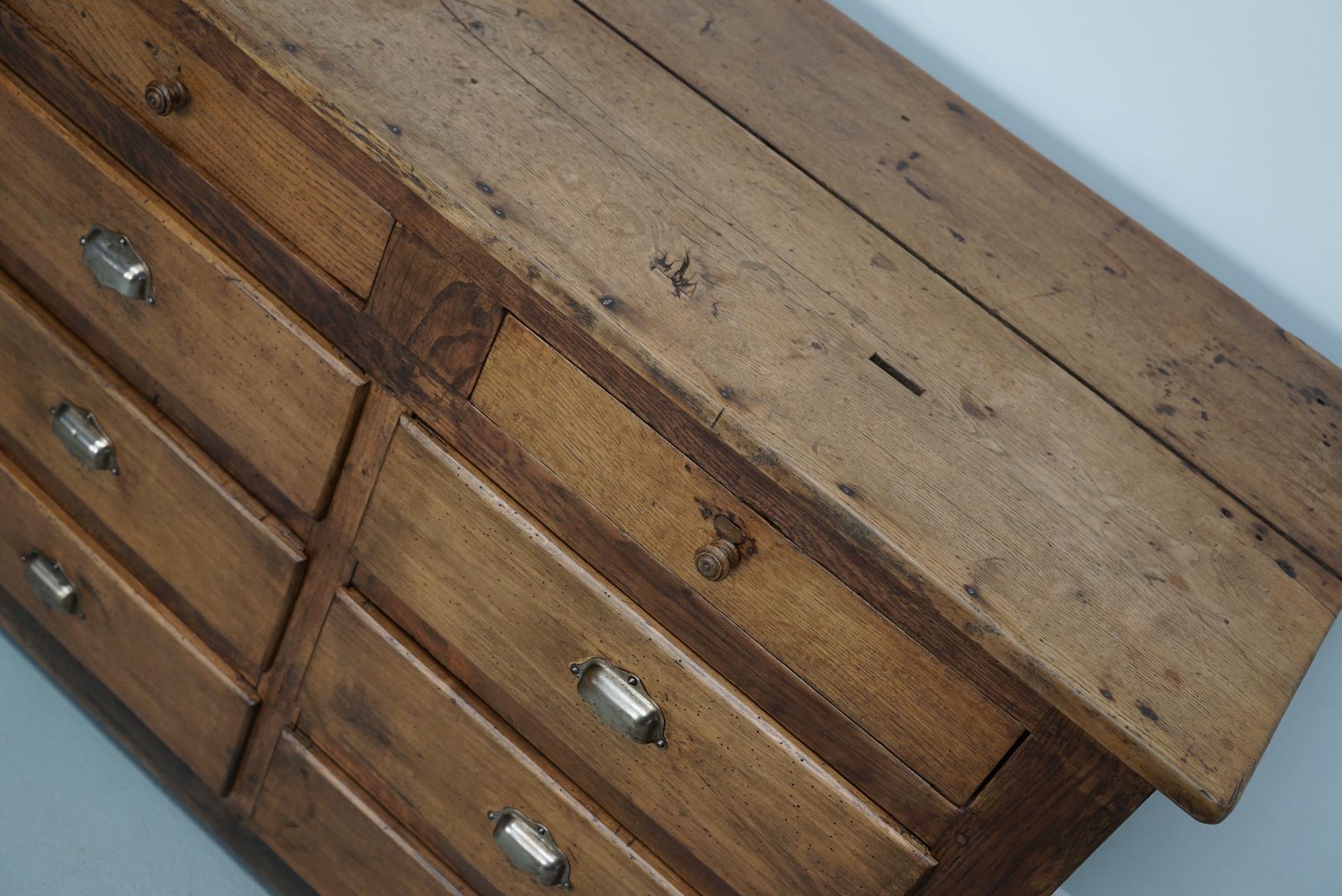 Early 20th Century Antique French Oak and Beech Rustic Bank of Apothecary Drawers, Circa 1910 For Sale