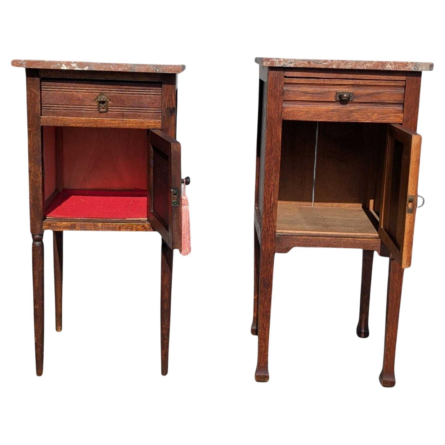 Pair of Antique French Oak & Marble Top Nightstands, Early 20th Century

Style: French Country, Traditional

This elegant pair of antique French nightstands exudes timeless charm and sophistication. Each features a richly veined red marble top and a