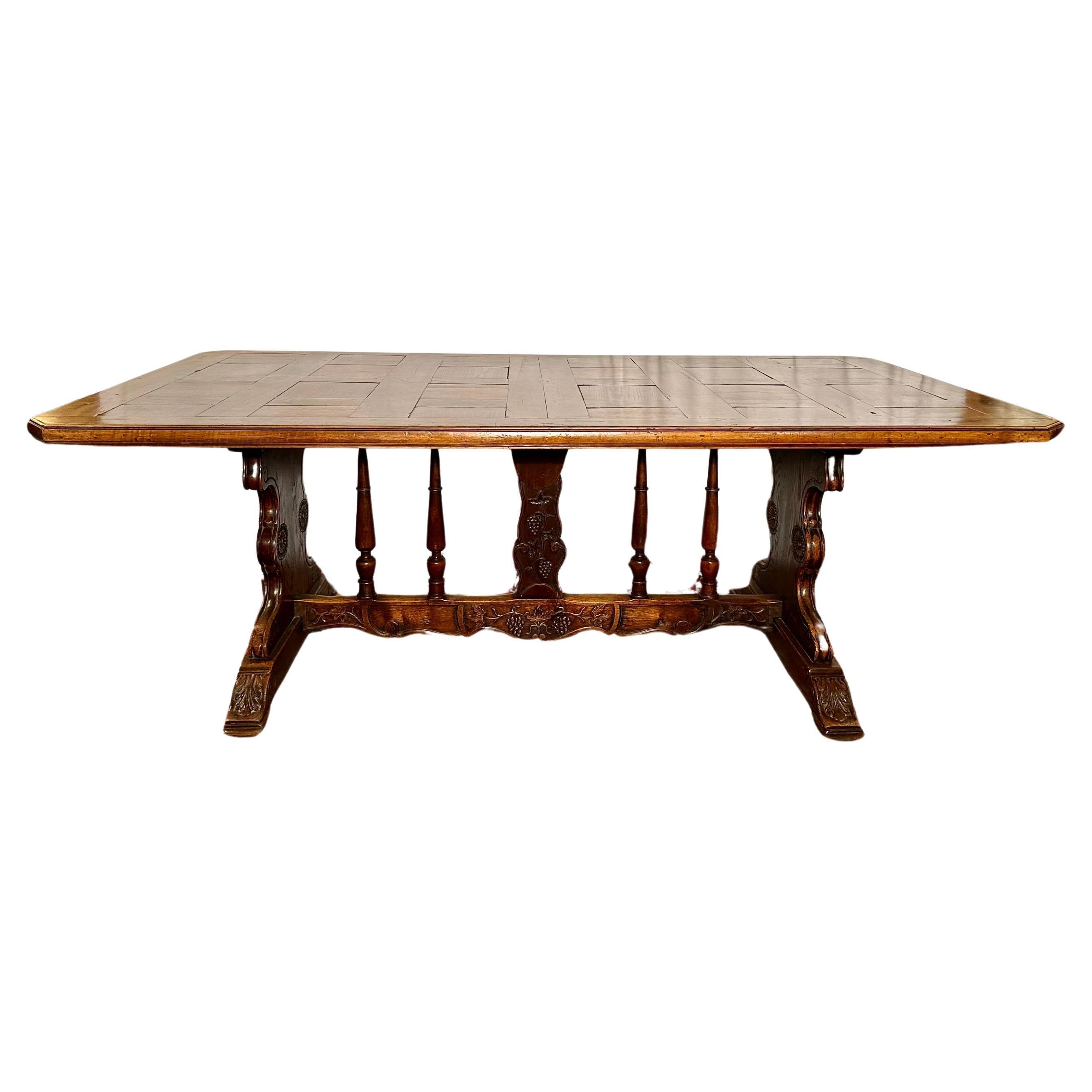 Antique French Oak and Walnut Parquetry Vineyard Table, Circa 1860. For Sale