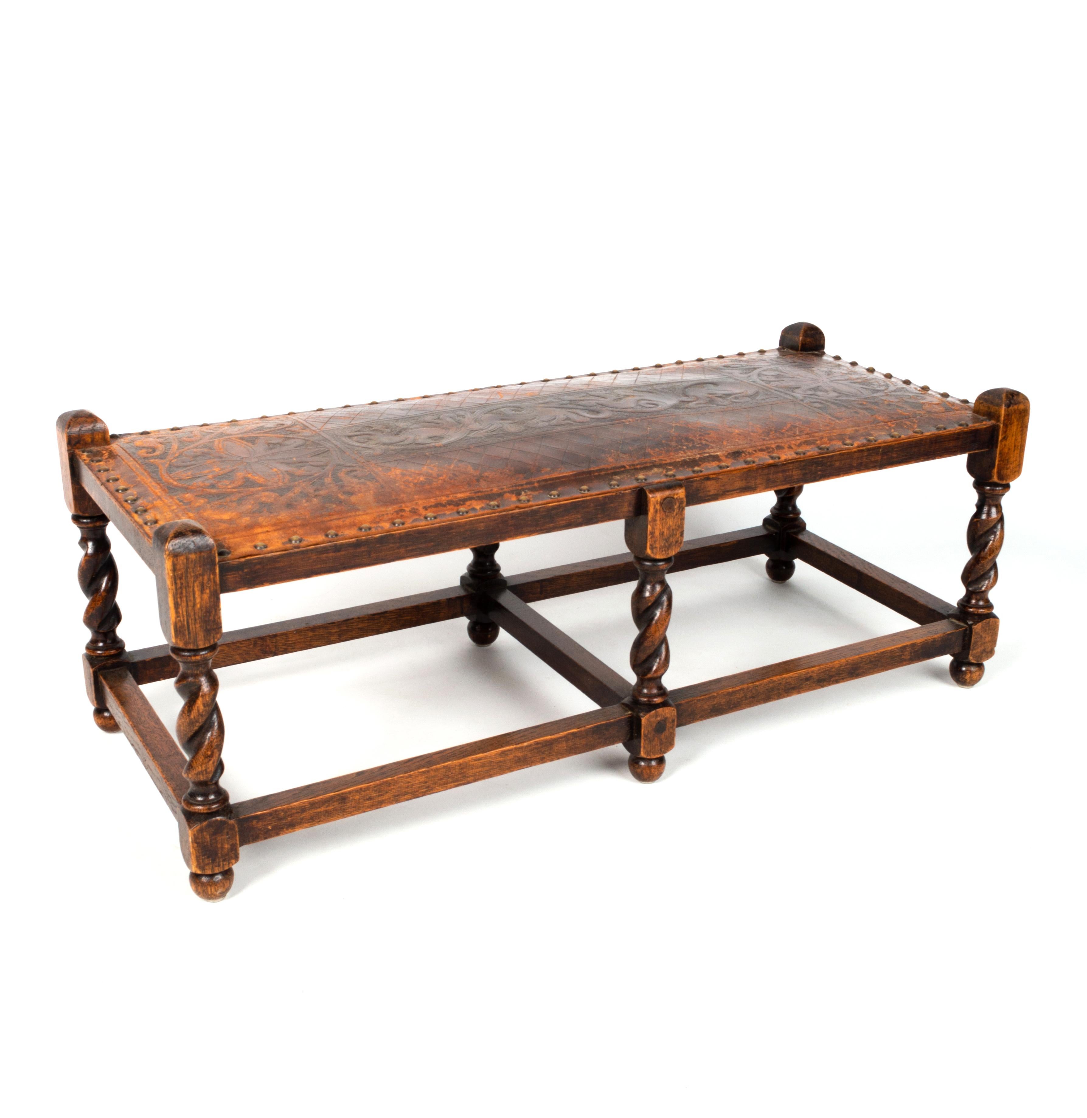 Antique French Oak Barley Twist Bench Stool Ottoman Seat Embossed Leather C.1900 For Sale 4