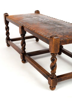 Antique French Oak Barley Twist Bench Stool Ottoman Seat Embossed Leather C.1900