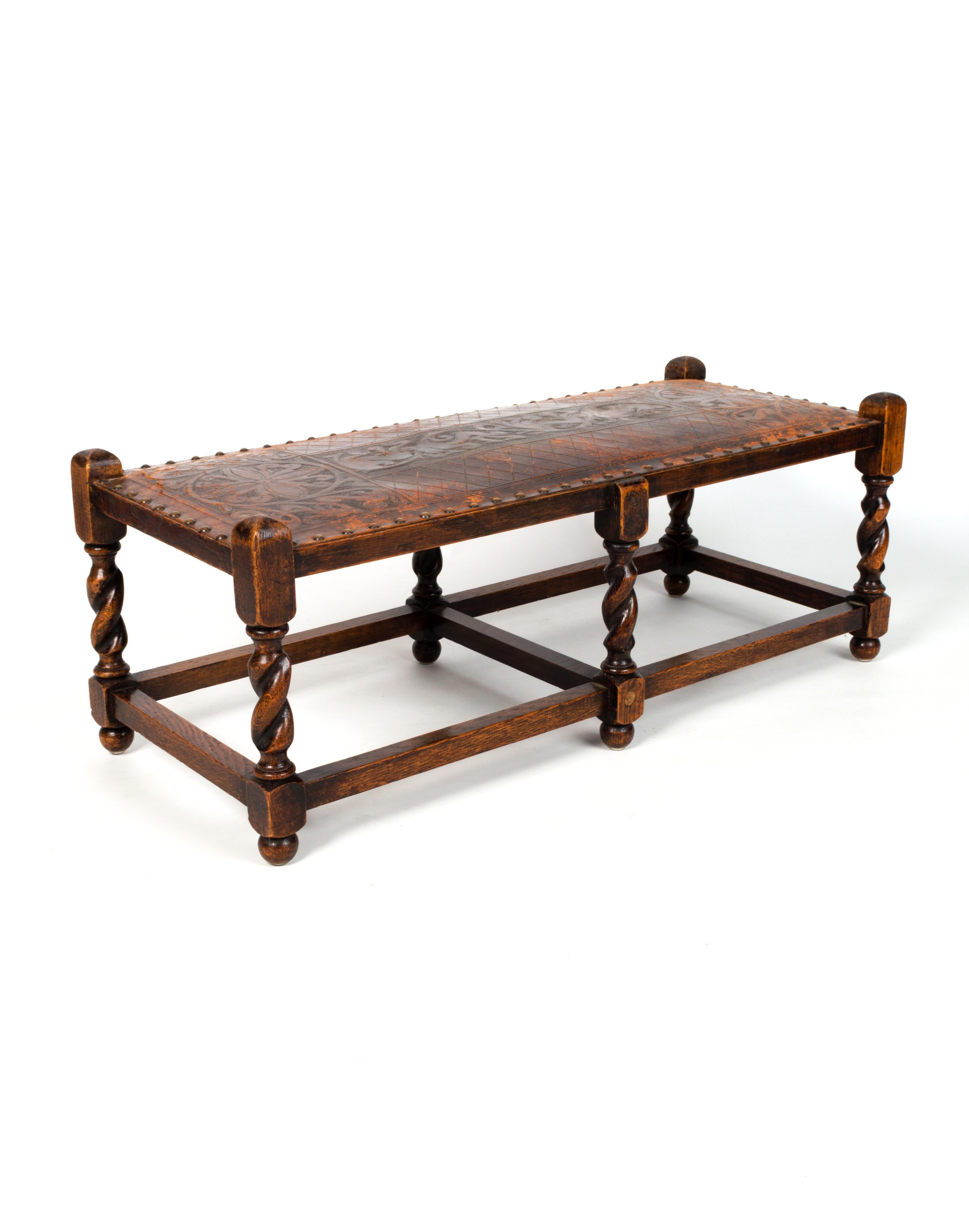 Antique French Oak Barley Twist Bench Stool Ottoman Seat Embossed Leather C.1900 For Sale 1