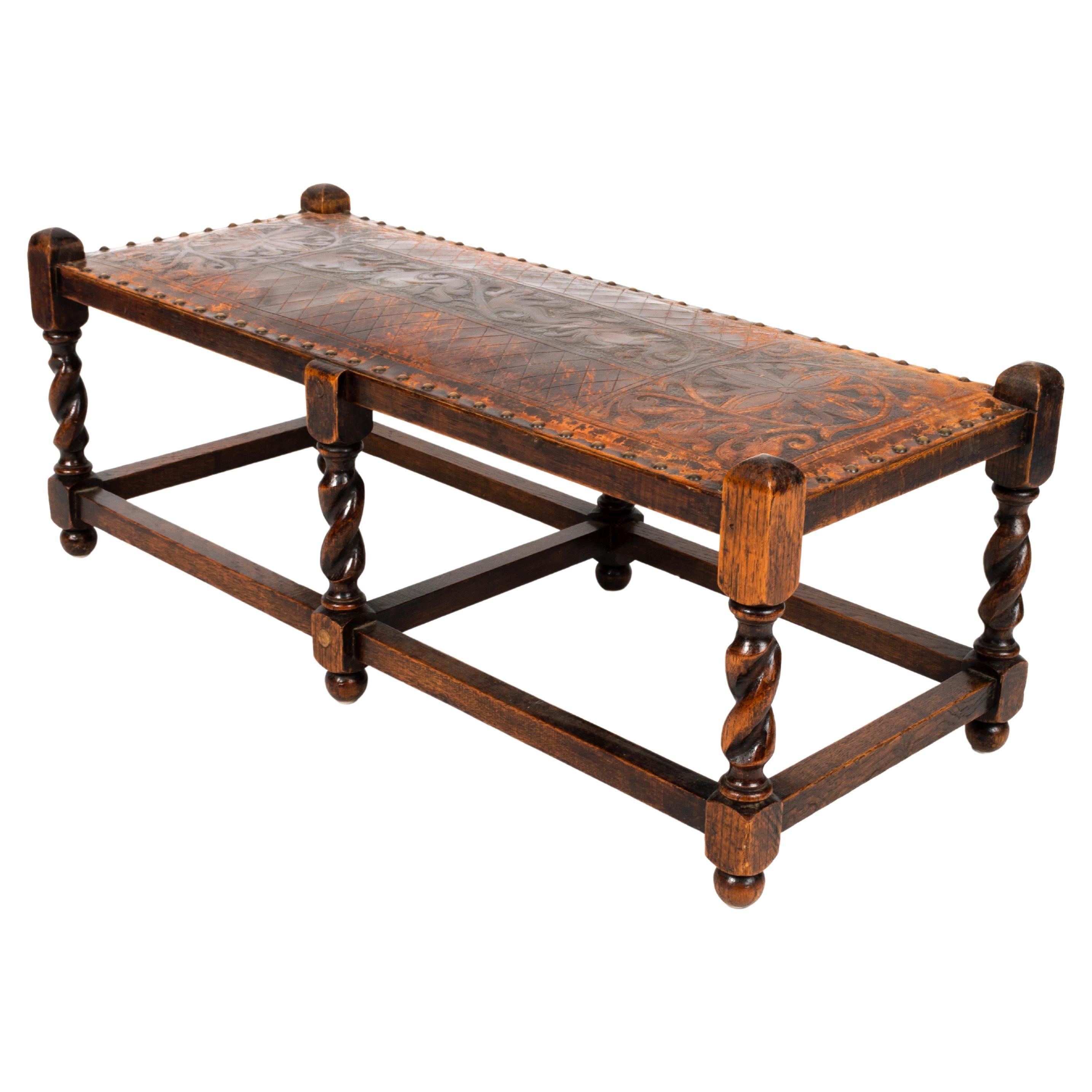 Antique French Oak Barley Twist Bench Stool Ottoman Seat Embossed Leather C.1900 For Sale