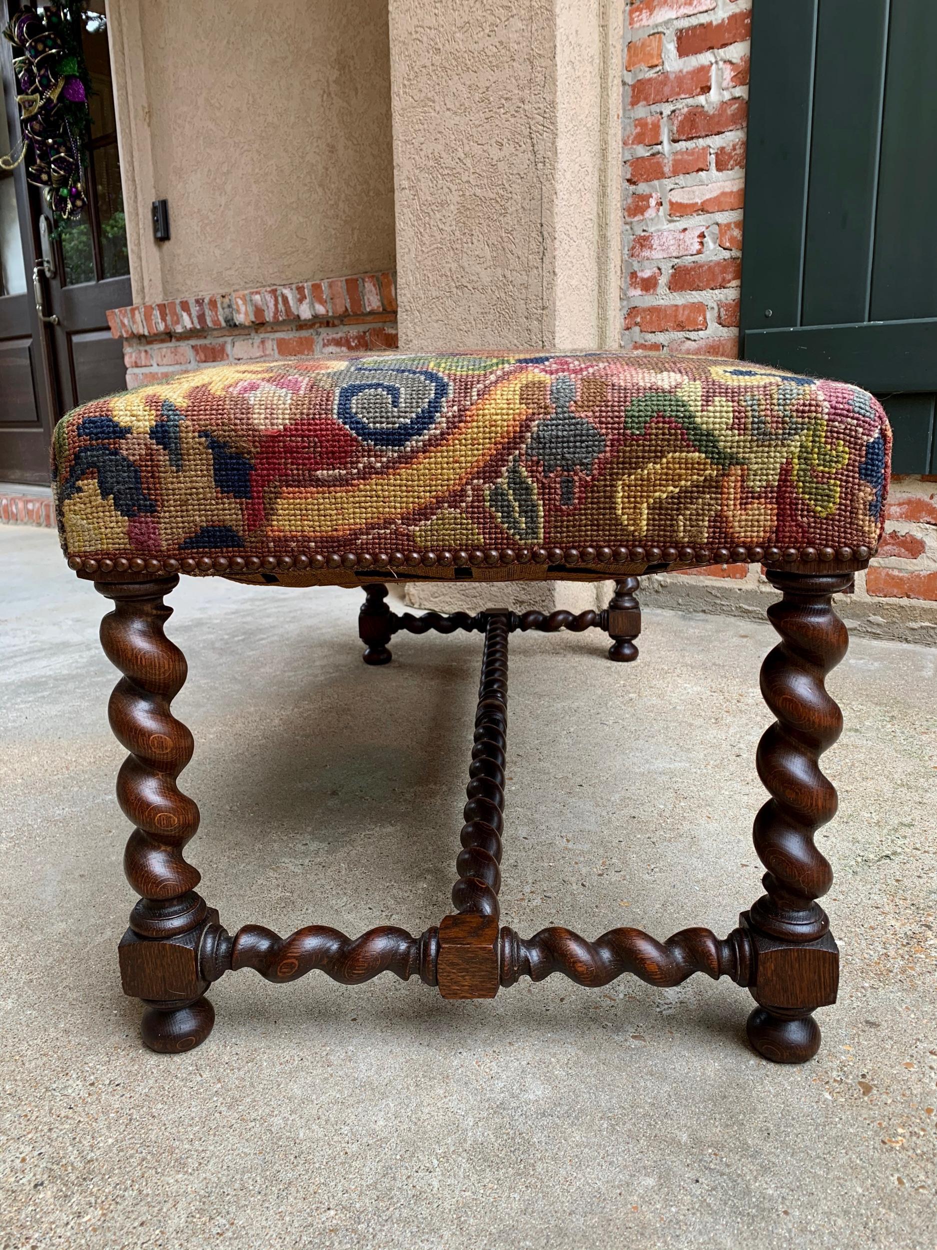 Antique French Oak Barley Twist Bench Stool Ottoman Seat Needlepoint Louis XIII 2