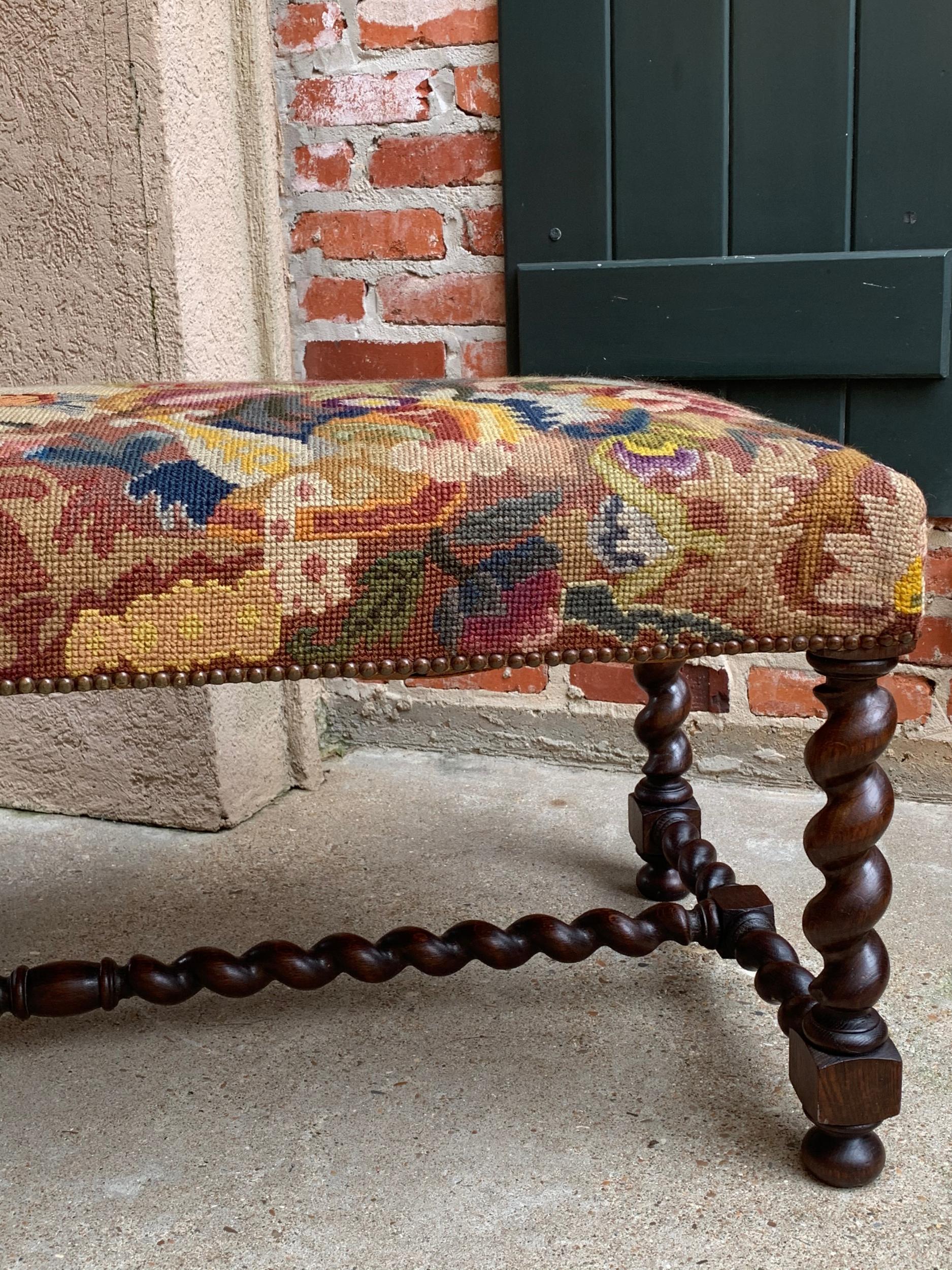 Antique French Oak Barley Twist Bench Stool Ottoman Seat Needlepoint Louis XIII 9
