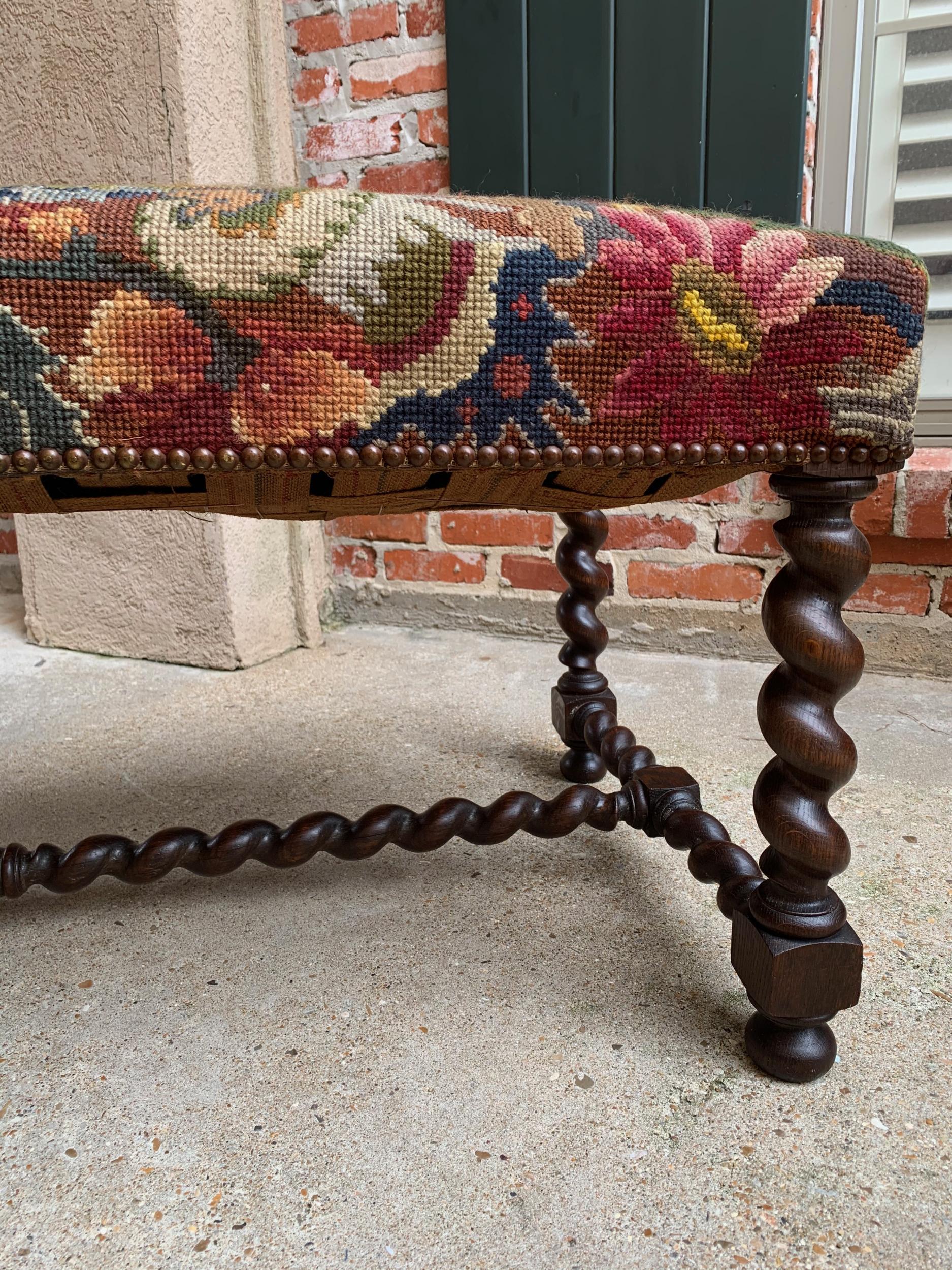 Antique French Oak Barley Twist Bench Stool Ottoman Seat Needlepoint Louis XIII 10