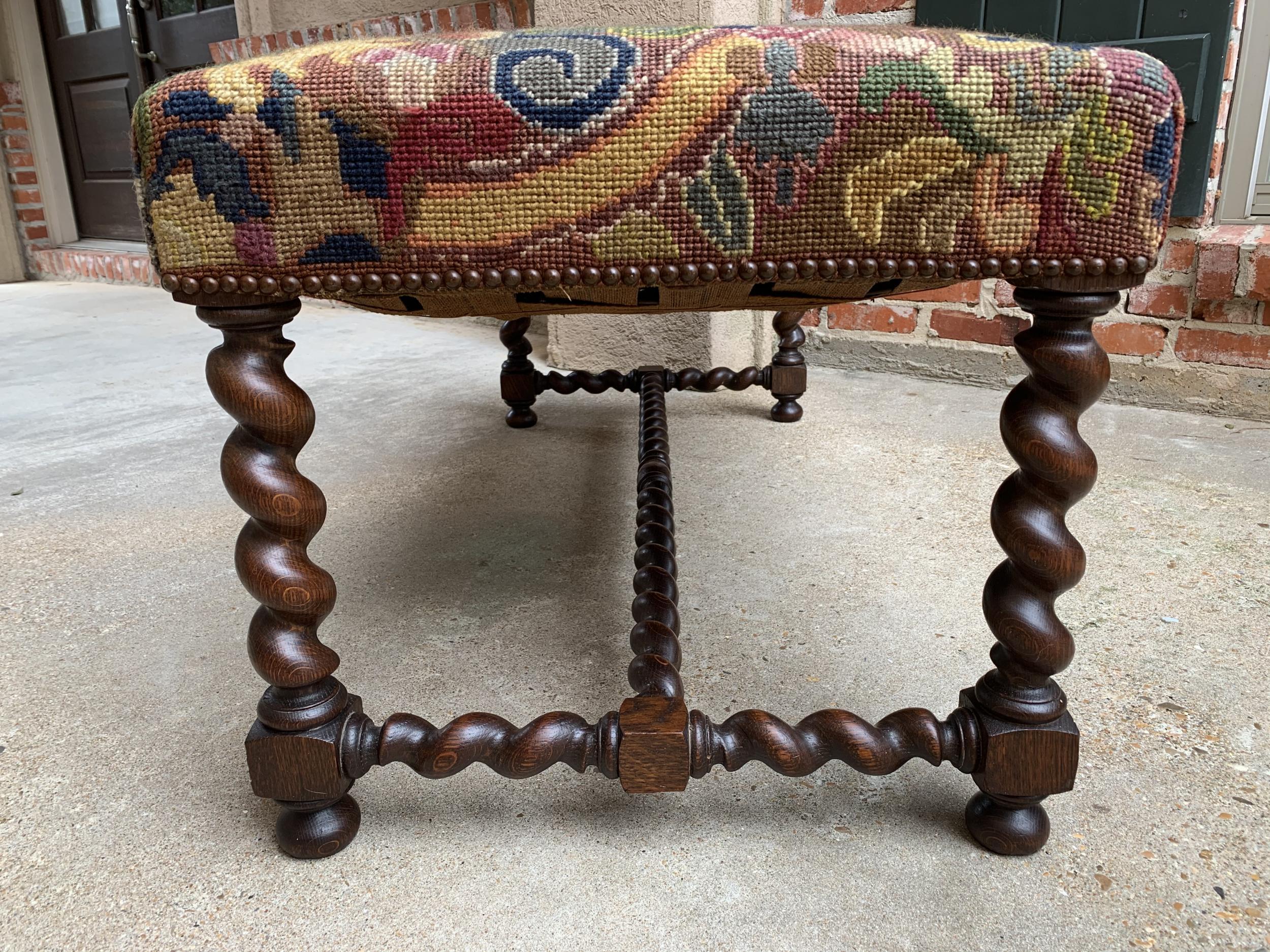 Antique French Oak Barley Twist Bench Stool Ottoman Seat Needlepoint Louis XIII 11