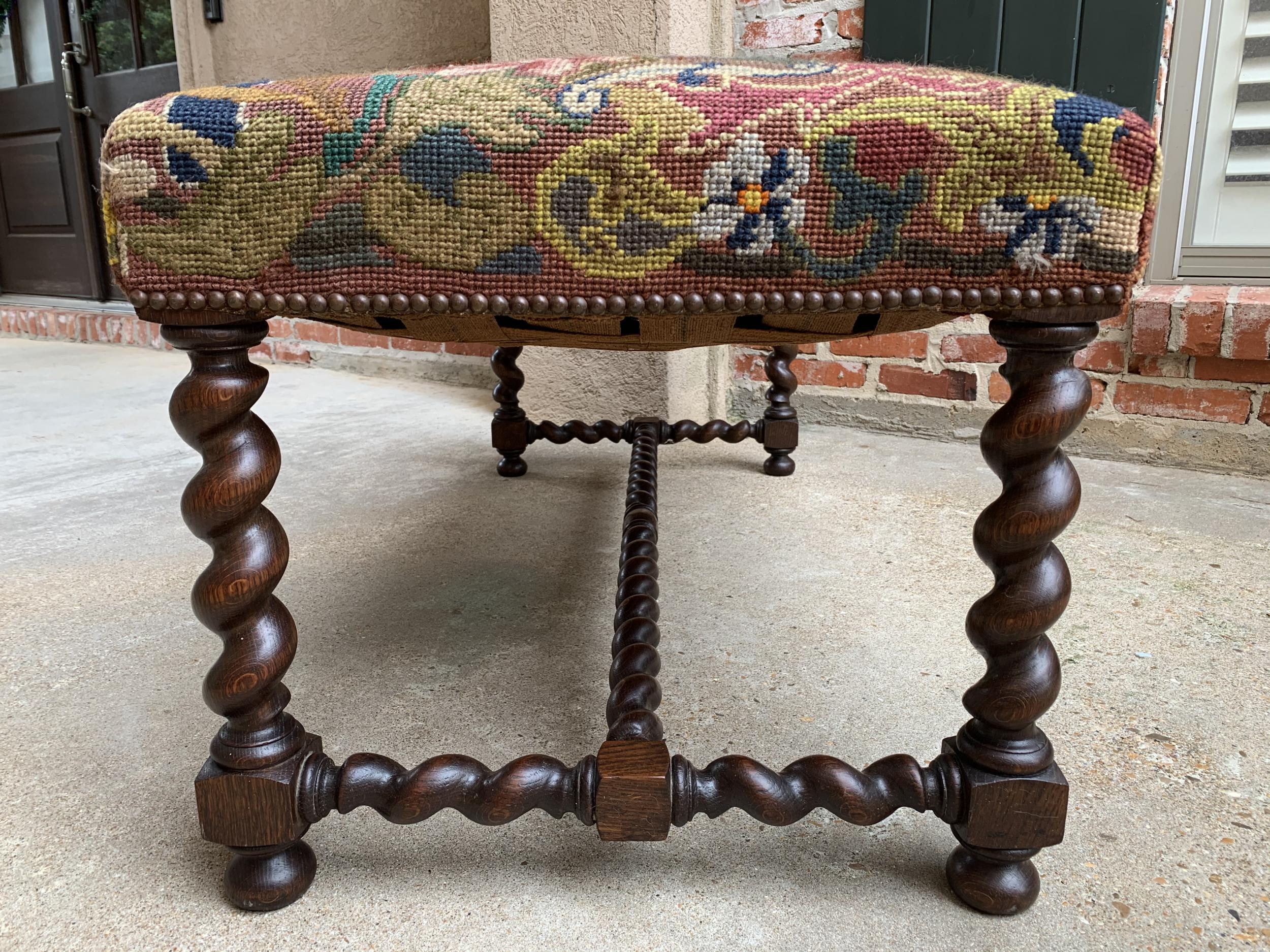 Antique French Oak Barley Twist Bench Stool Ottoman Seat Needlepoint Louis XIII 1