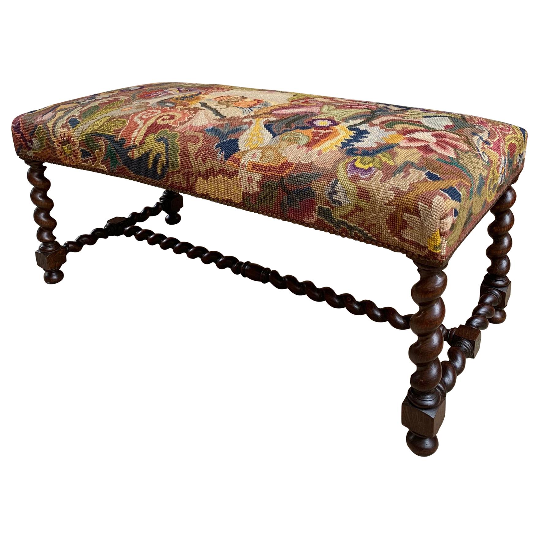 Antique French Oak Barley Twist Bench Stool Ottoman Seat Needlepoint Louis XIII