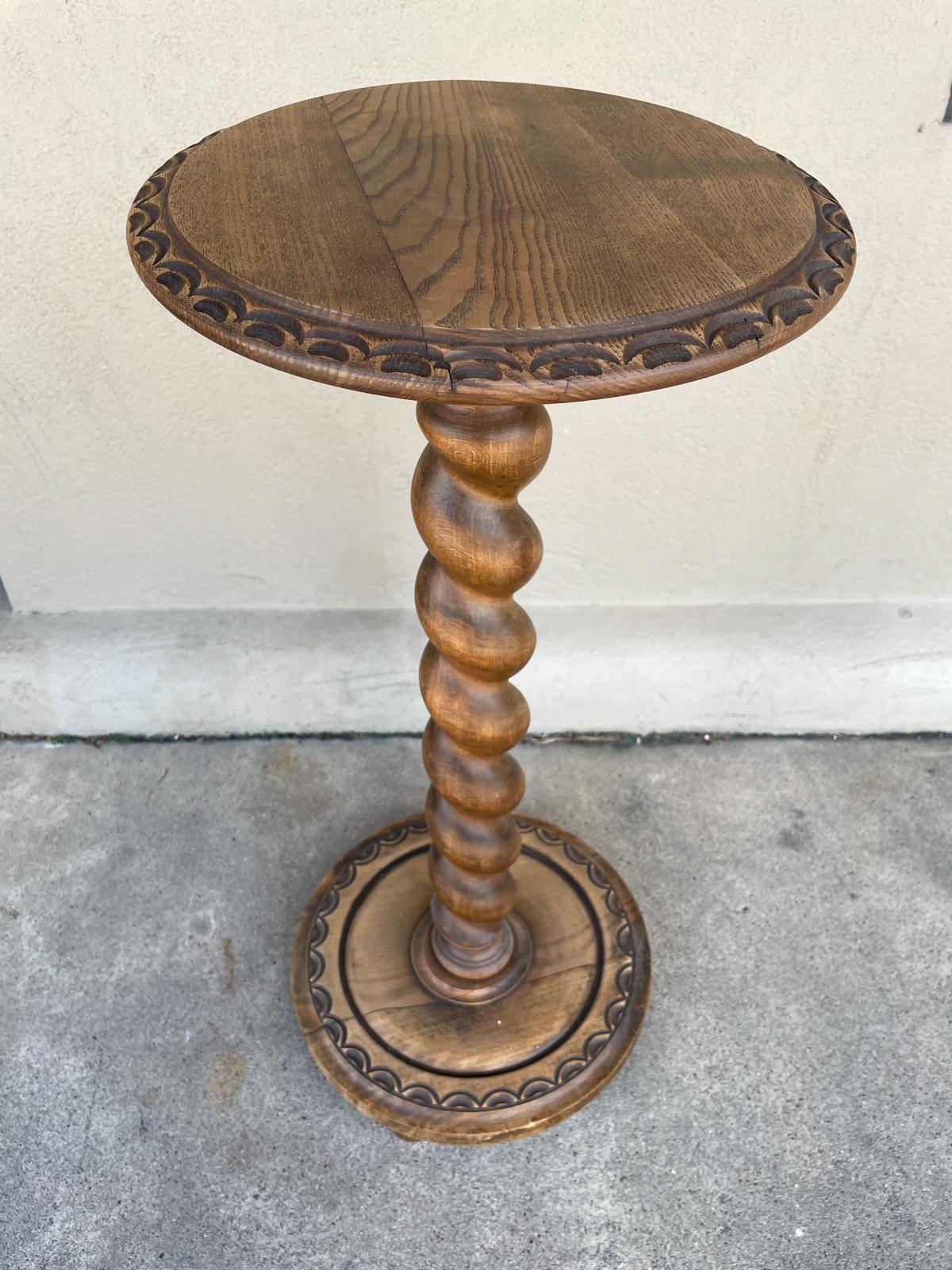 Hand-Carved Antique French Oak Barley Twist Side Table with Decorative Carvings