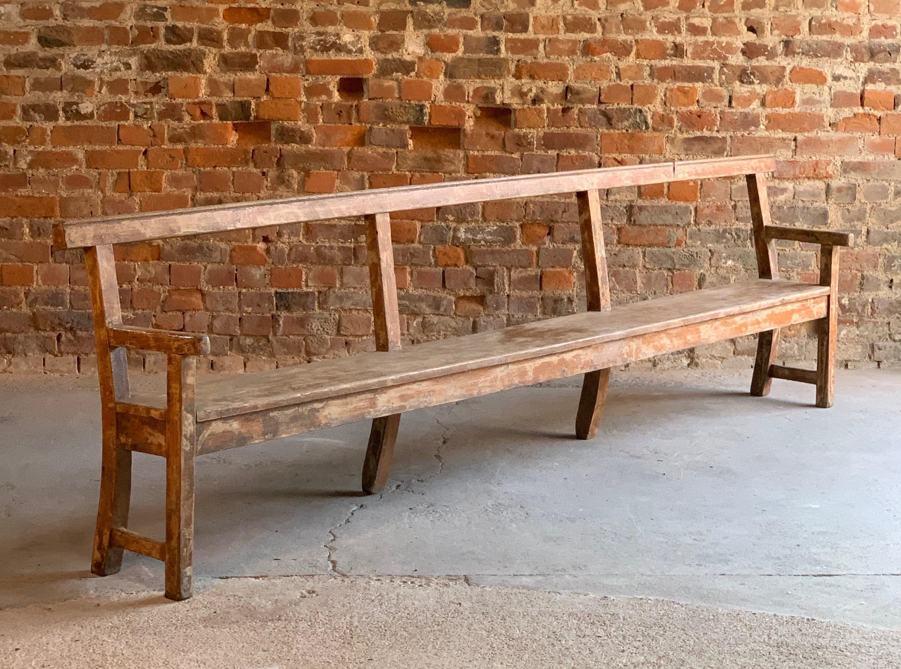 Antique French Oak Benches Pair Long Painted Distressed 19th Century, circa 1890 5
