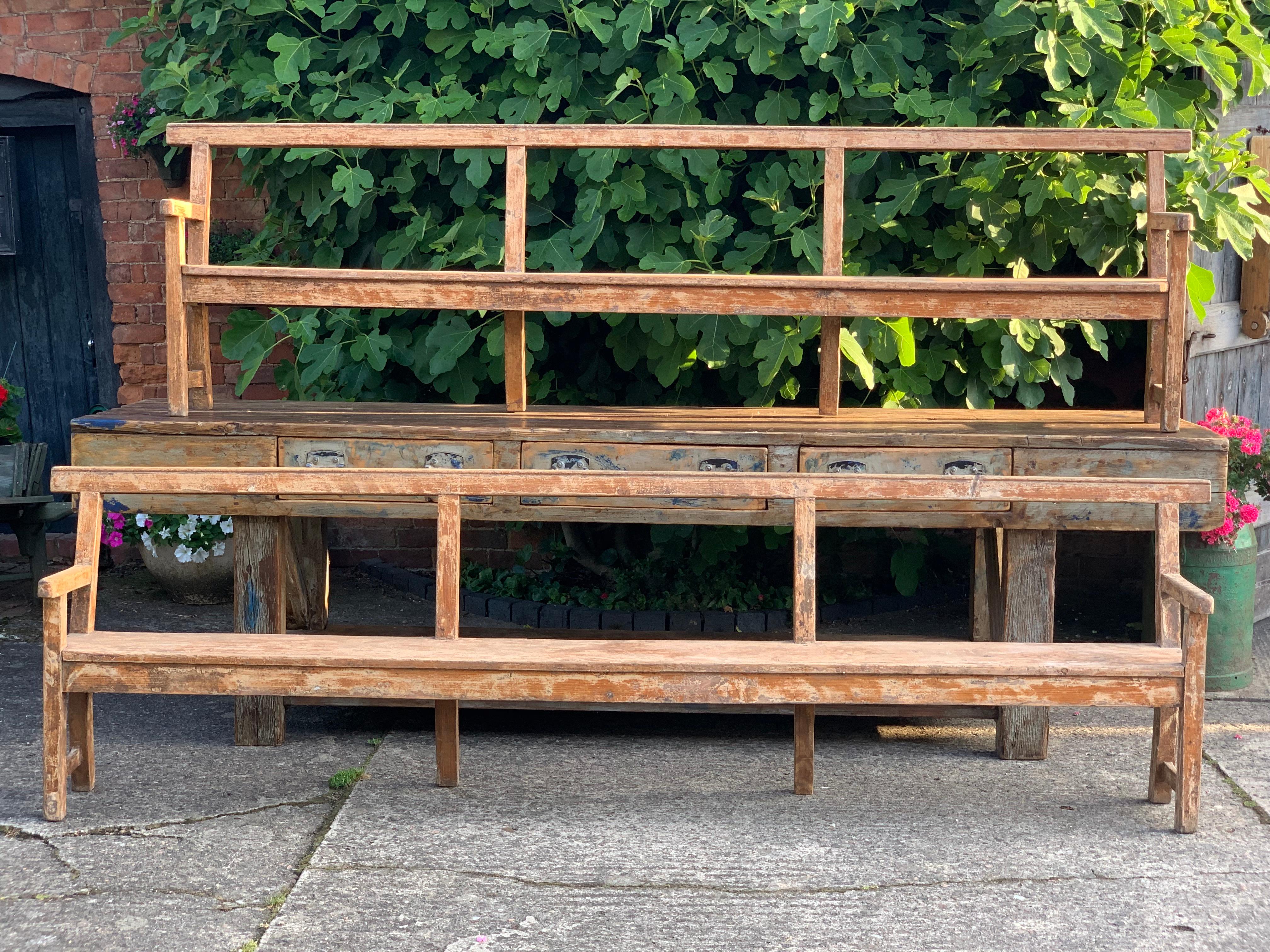 Antique French Oak Benches Pair Long Painted Distressed 19th Century, circa 1890 7