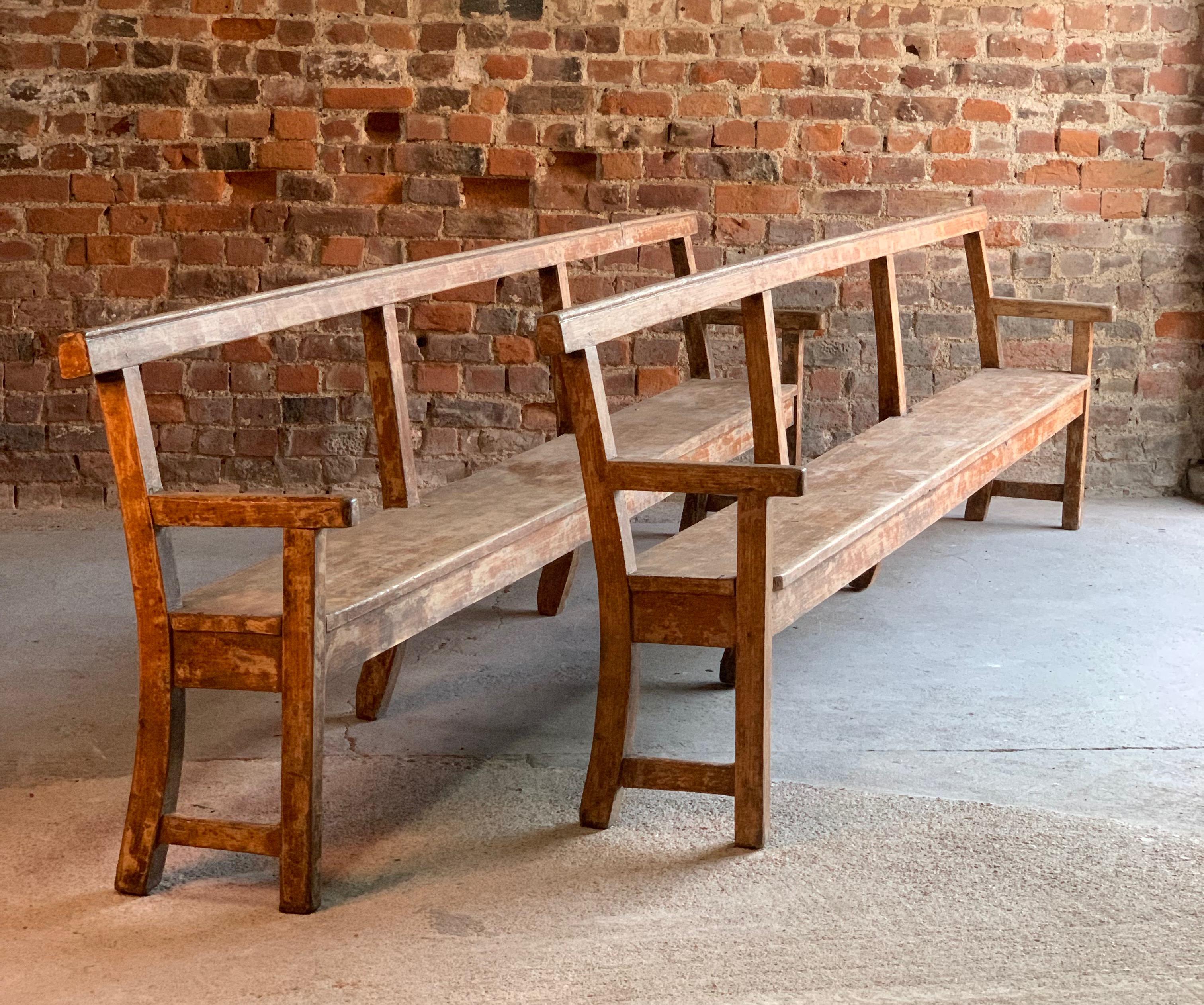 Antique French oak benches pair long painted distressed 19th century circa 1890

Magnificent pair of 19th century French distressed painted oak benches circa 1890, both benches with a wonderful aged and weathered look, extremely comfortable and