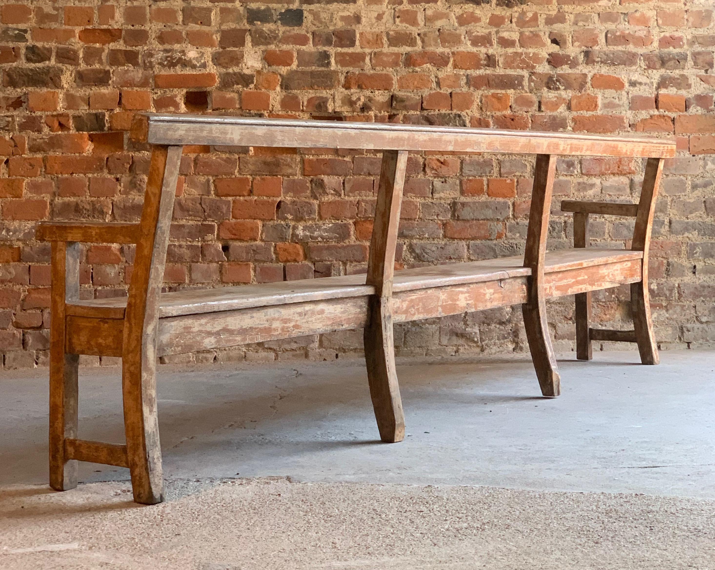 French Provincial Antique French Oak Benches Pair Long Painted Distressed 19th Century, circa 1890