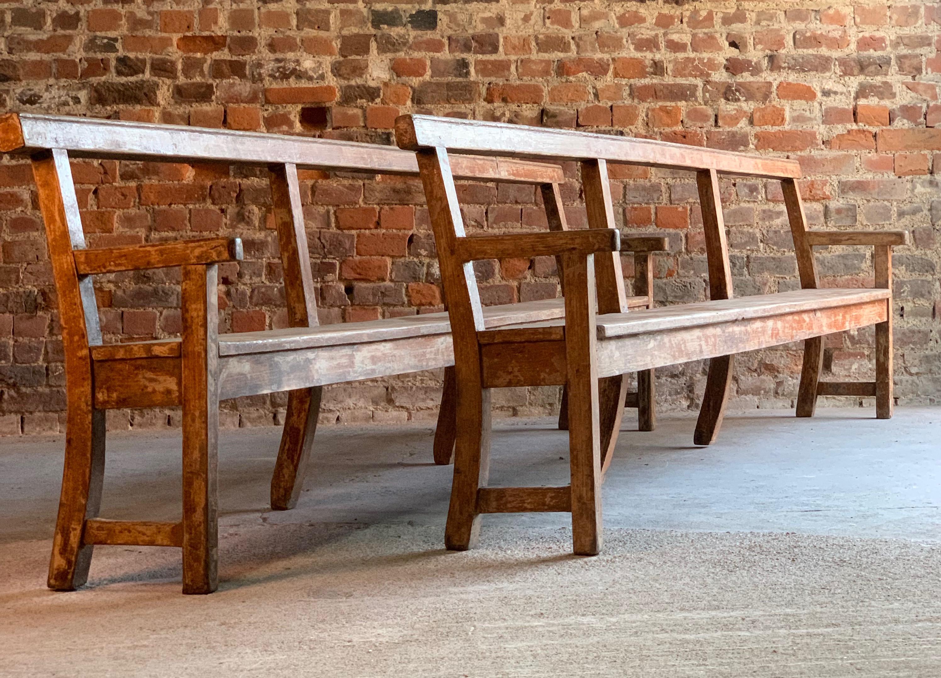 Late 19th Century Antique French Oak Benches Pair Long Painted Distressed 19th Century, circa 1890