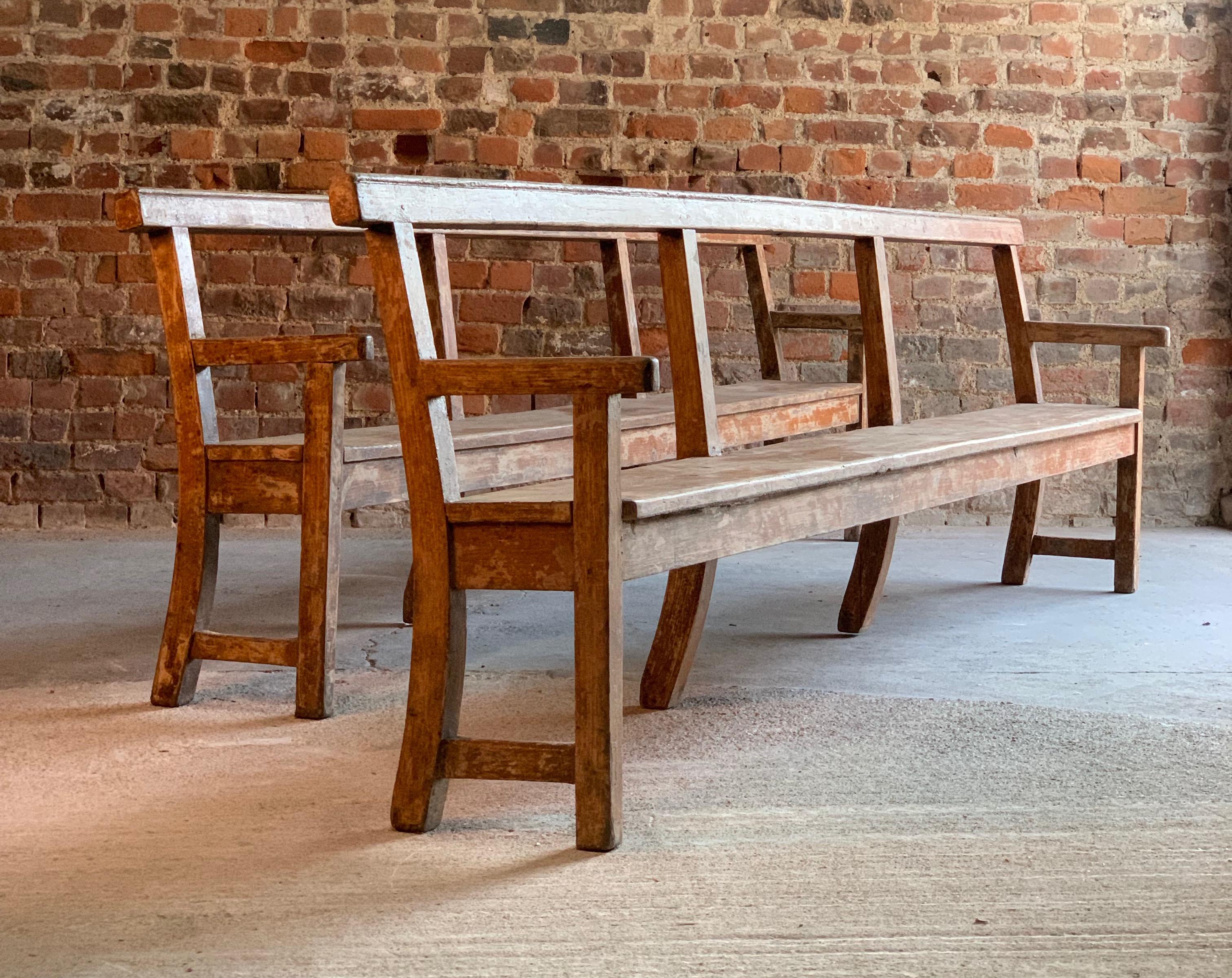 Antique French Oak Benches Pair Long Painted Distressed 19th Century, circa 1890 1