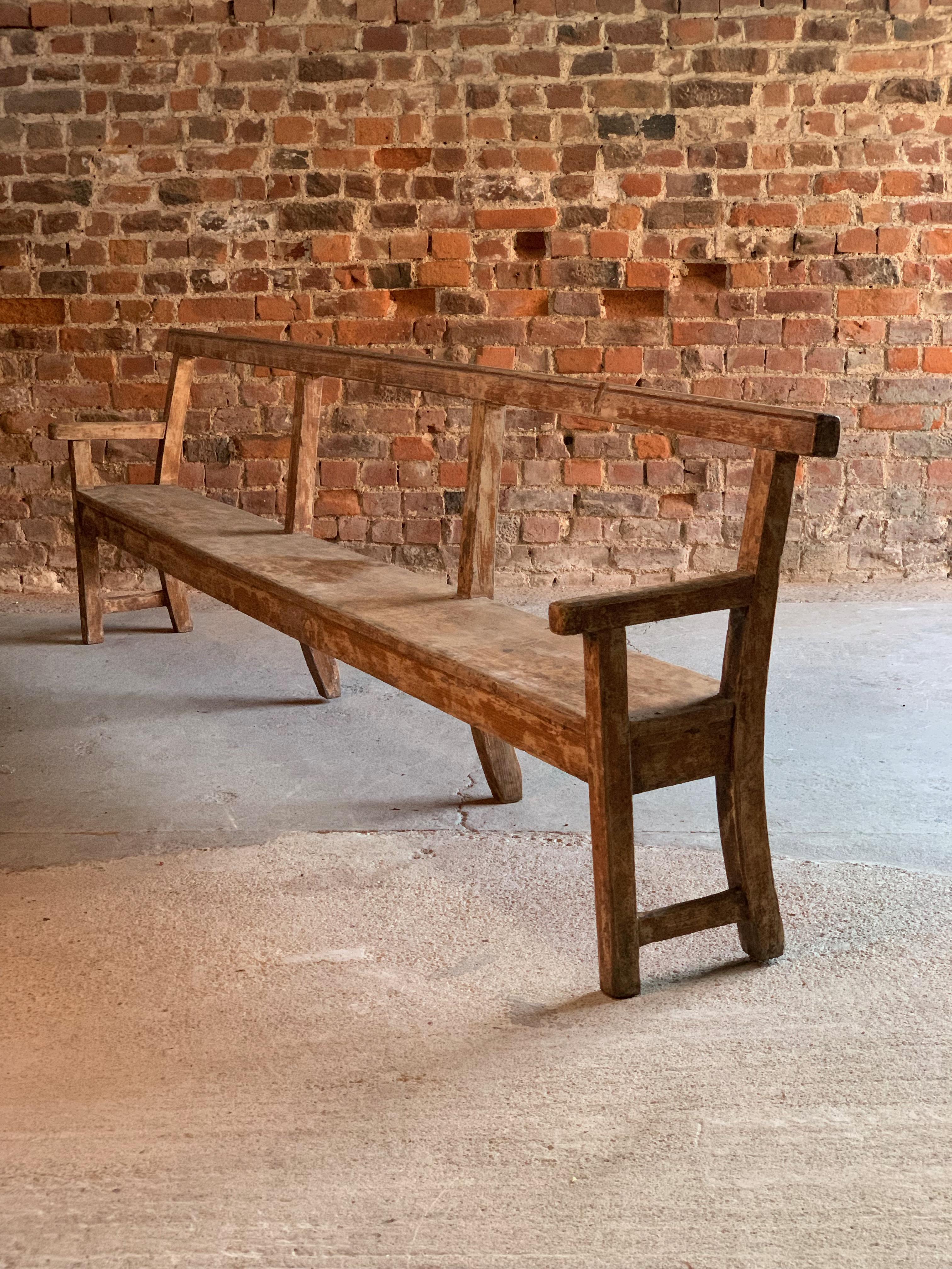 Antique French Oak Benches Pair Long Painted Distressed 19th Century, circa 1890 2