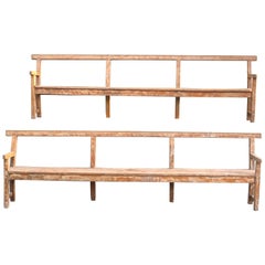 Antique French Oak Benches Pair Long Painted Distressed 19th Century, circa 1890