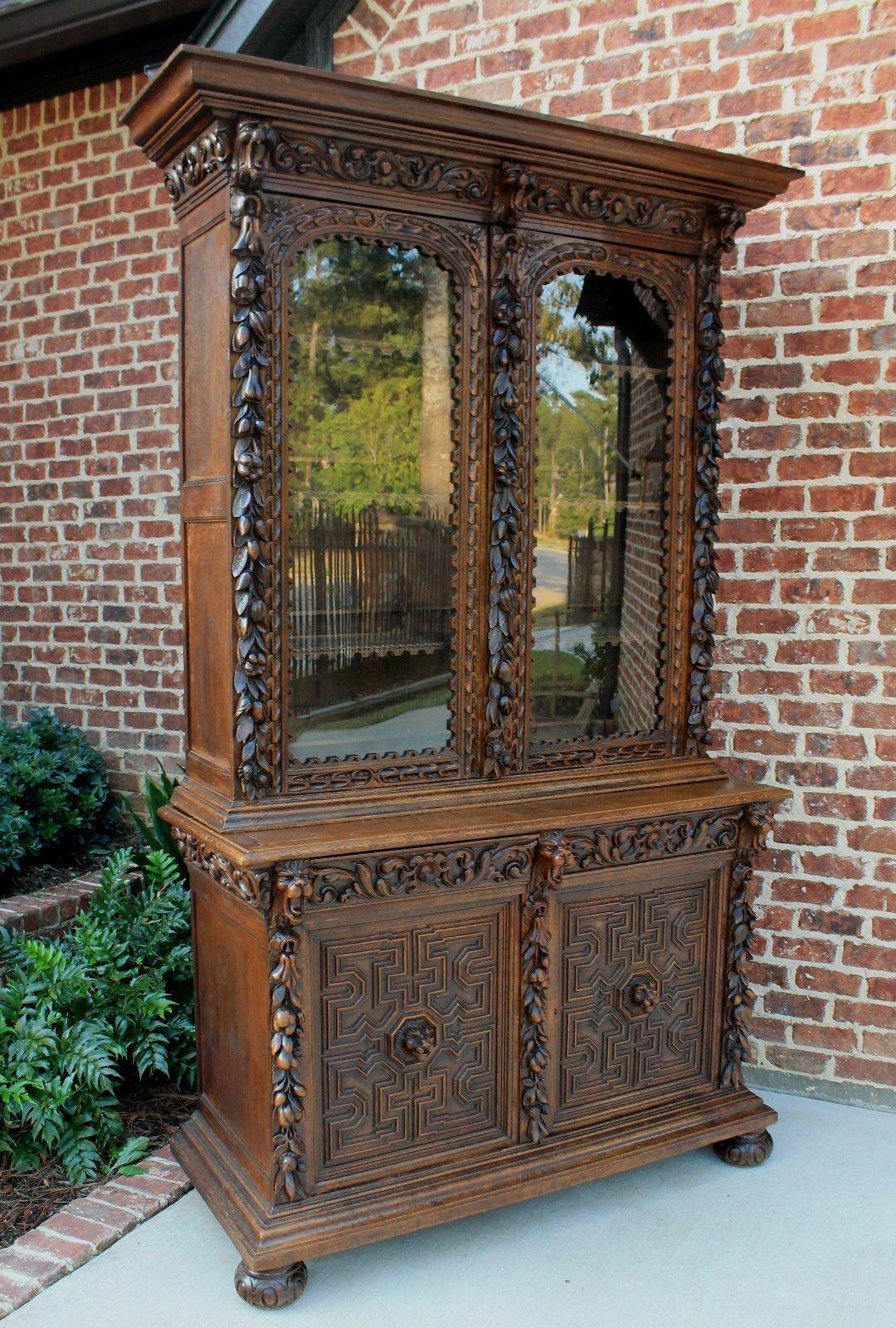 Antique French Oak Bookcase Black Forest Hunt Display Cabinet Jacobean Buffet 6