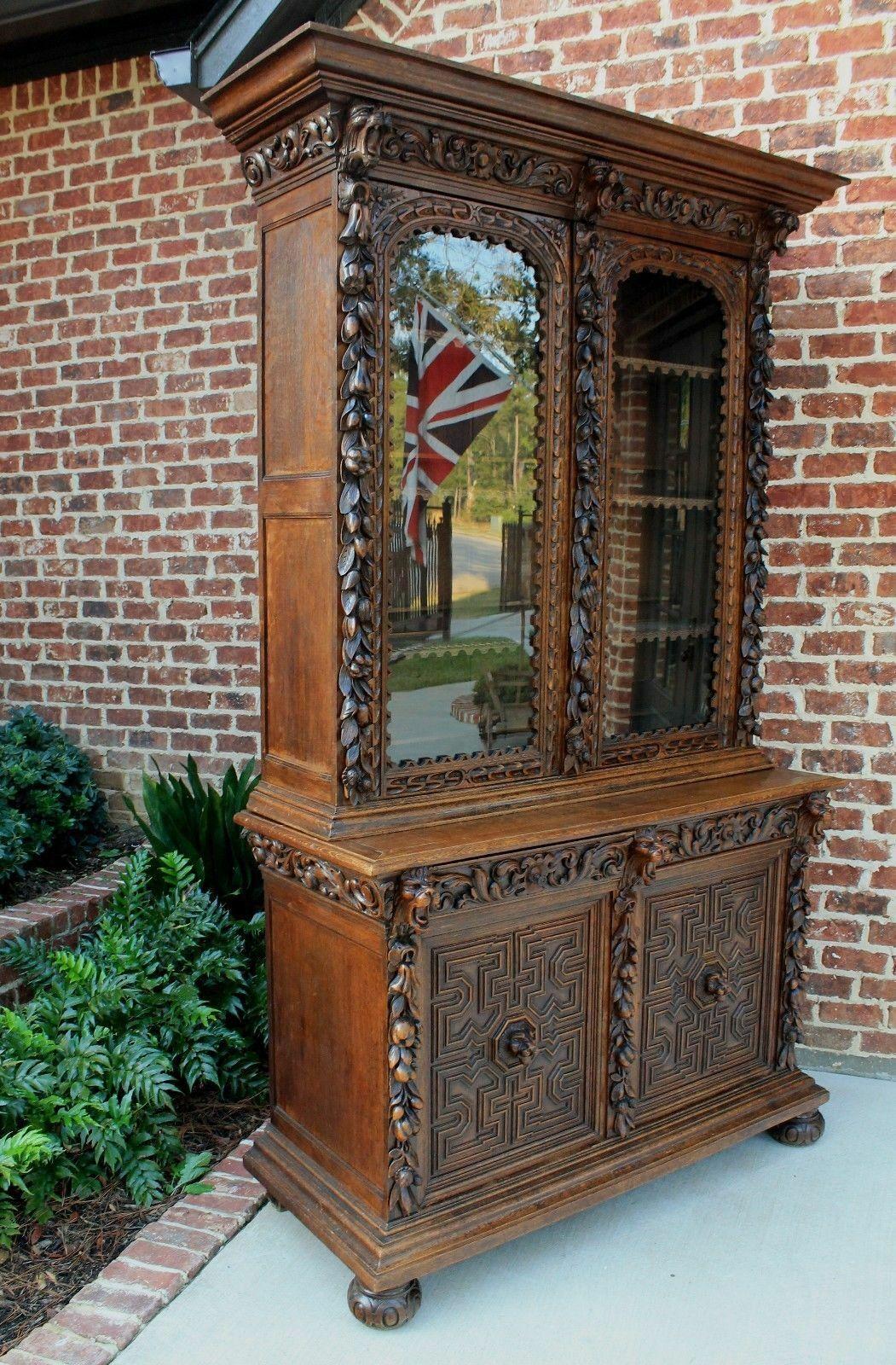 Carved Antique French Oak Bookcase Black Forest Hunt Display Cabinet Jacobean Buffet