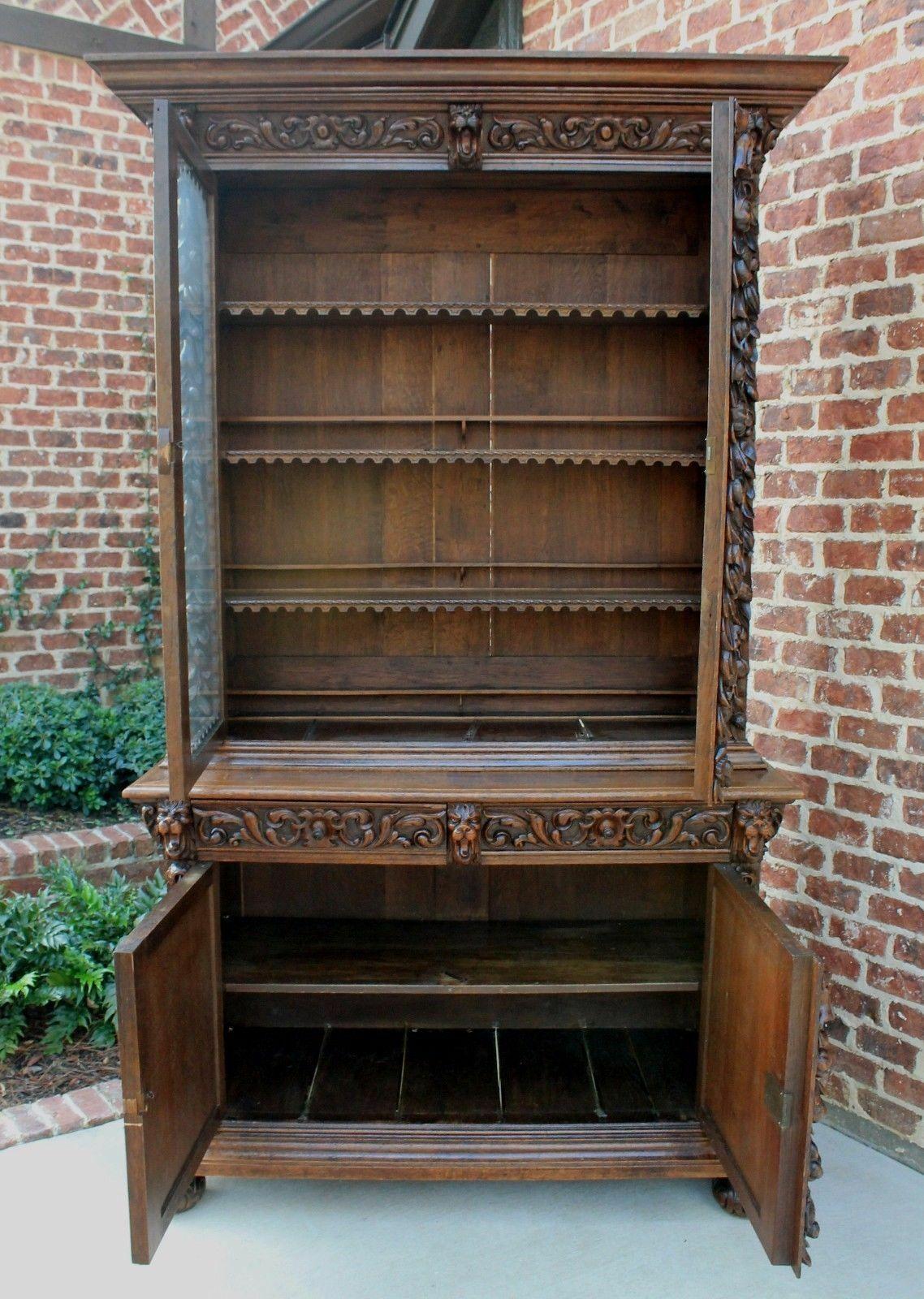 Antique French Oak Bookcase Black Forest Hunt Display Cabinet Jacobean Buffet In Good Condition In Tyler, TX