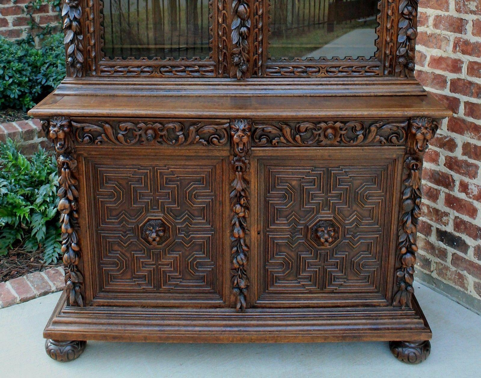 Antique French Oak Bookcase Black Forest Hunt Display Cabinet Jacobean Buffet 1