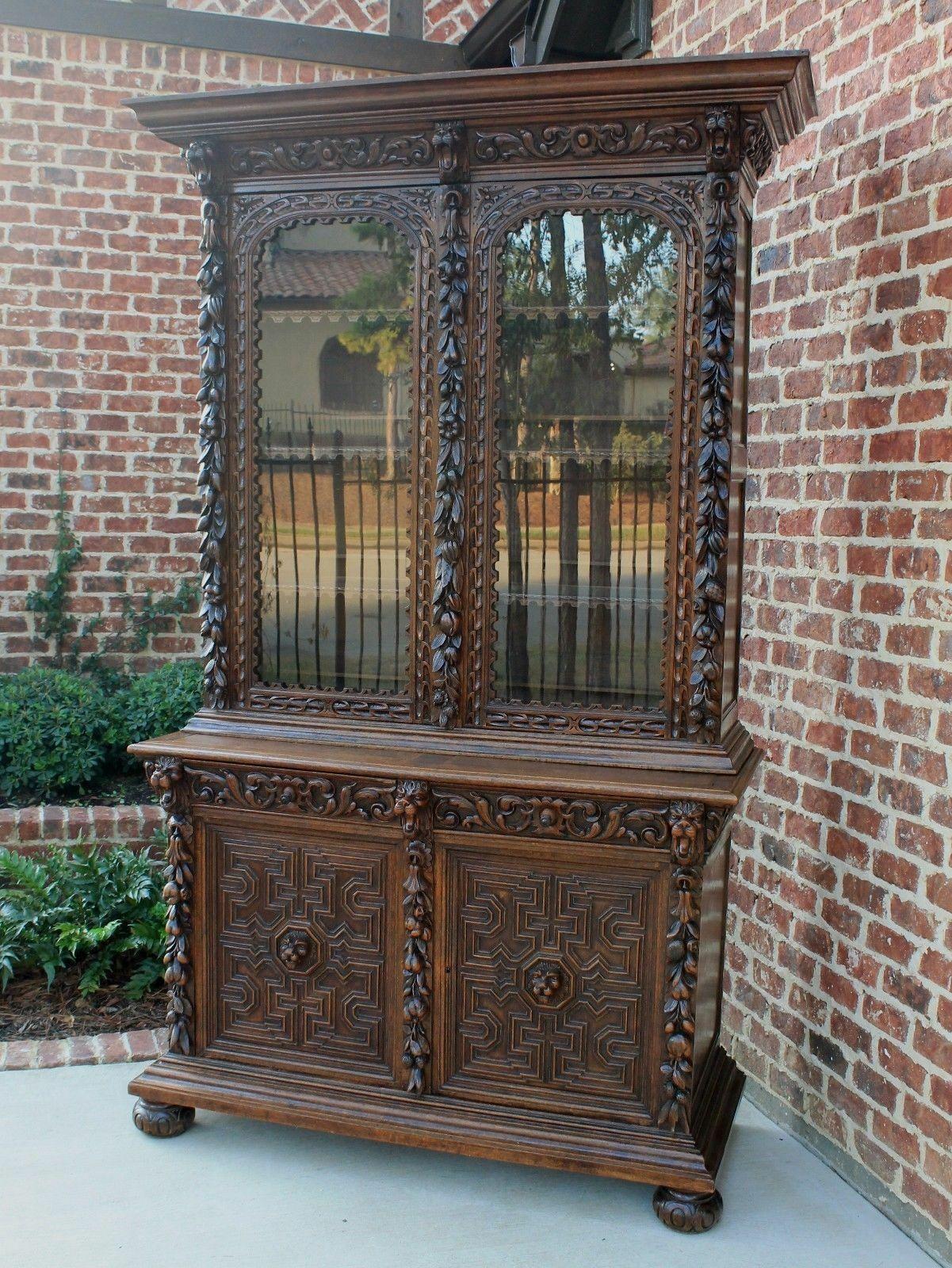 Antique French Oak Bookcase Black Forest Hunt Display Cabinet Jacobean Buffet 2