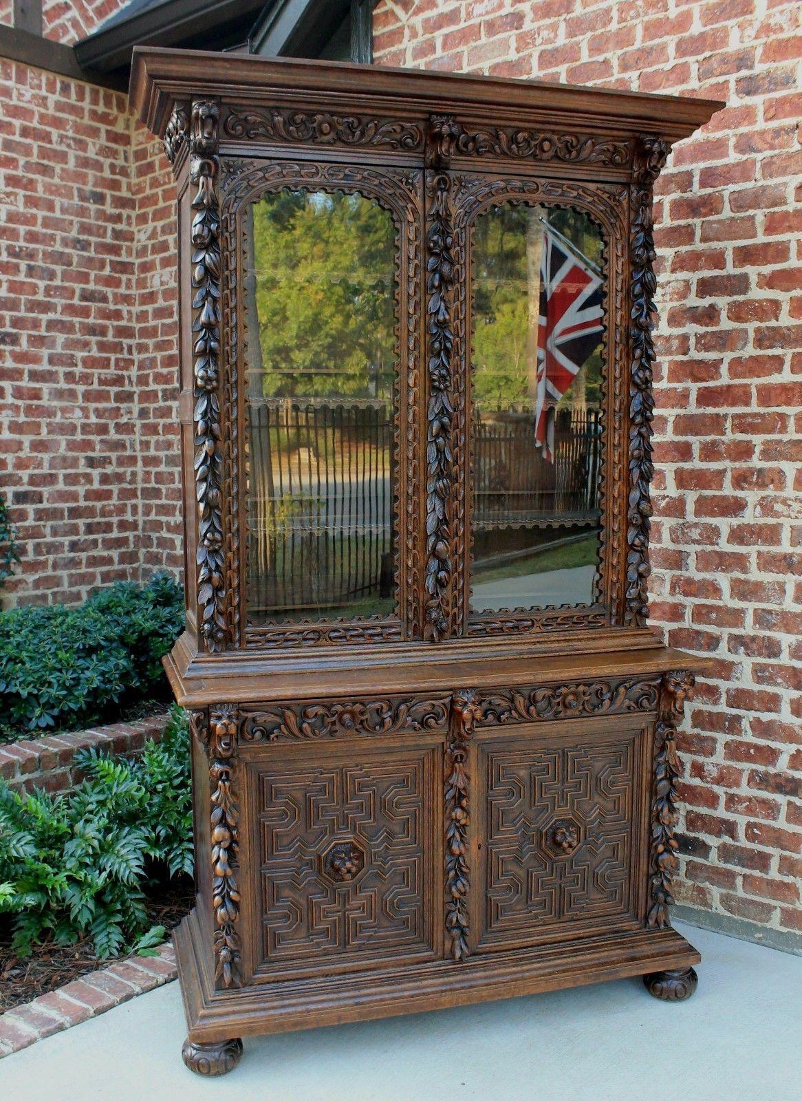 Antique French Oak Bookcase Black Forest Hunt Display Cabinet Jacobean Buffet 4