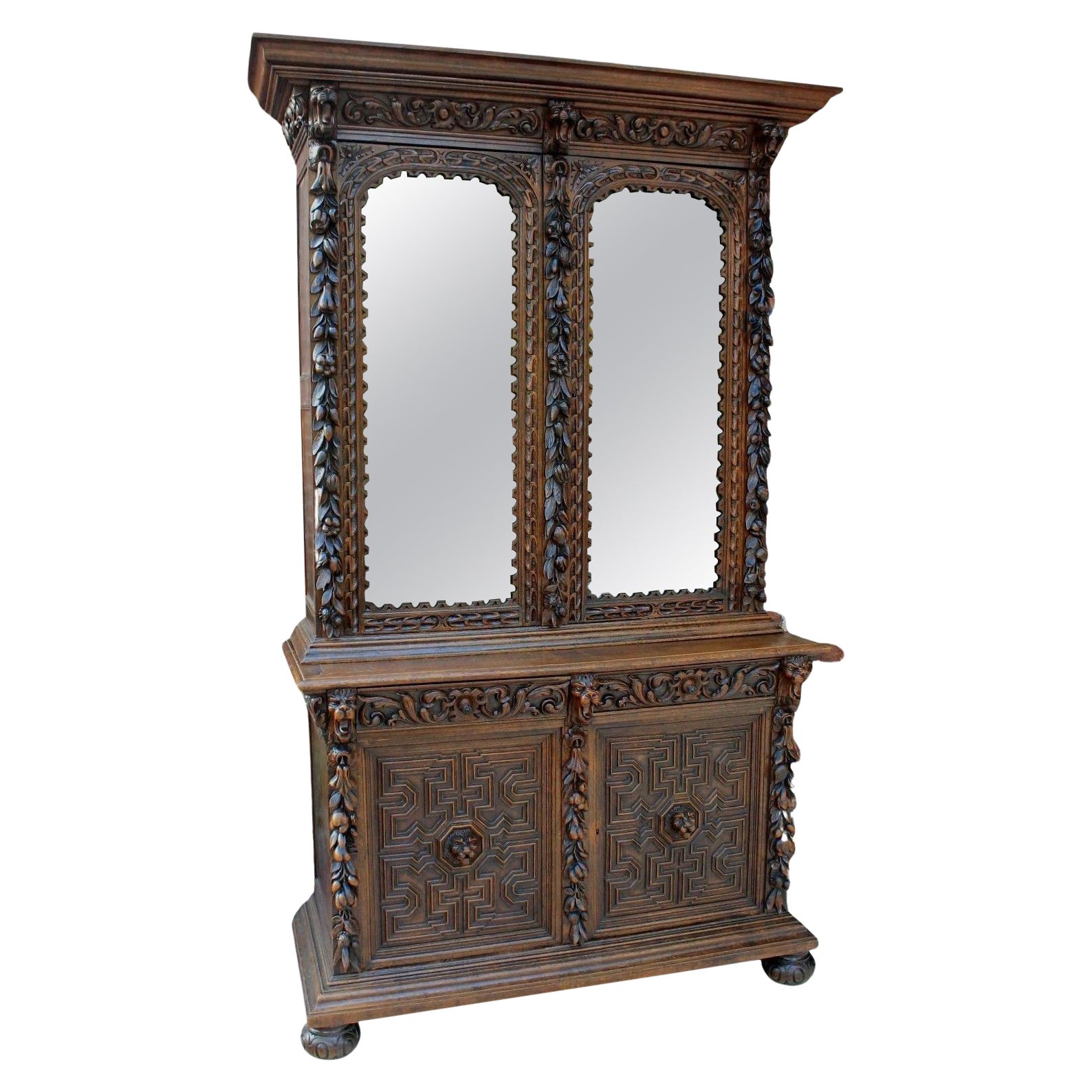 Antique French Oak Bookcase Black Forest Hunt Display Cabinet Jacobean Buffet