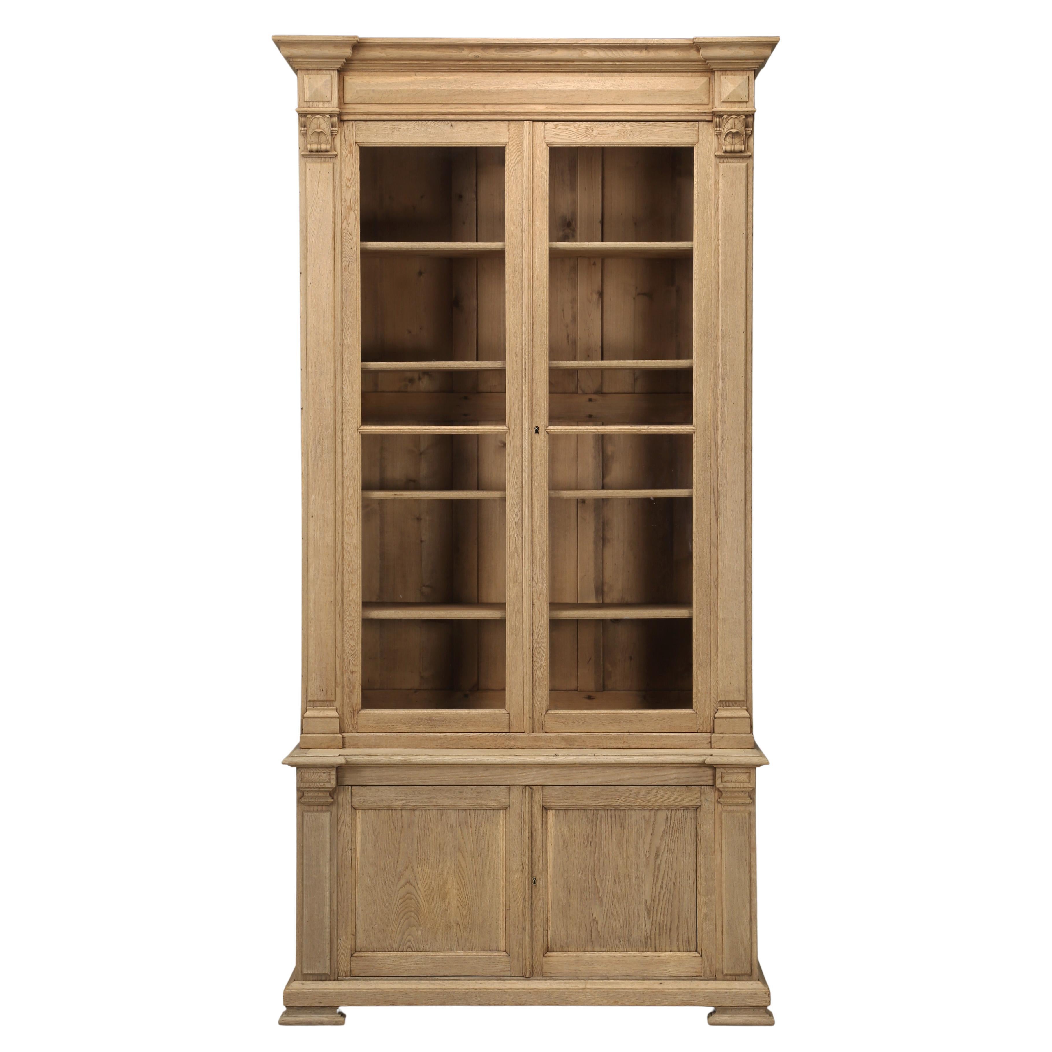 Antique French Oak Bookcase with 2-Original Wavy Glass Doors, Unrestored